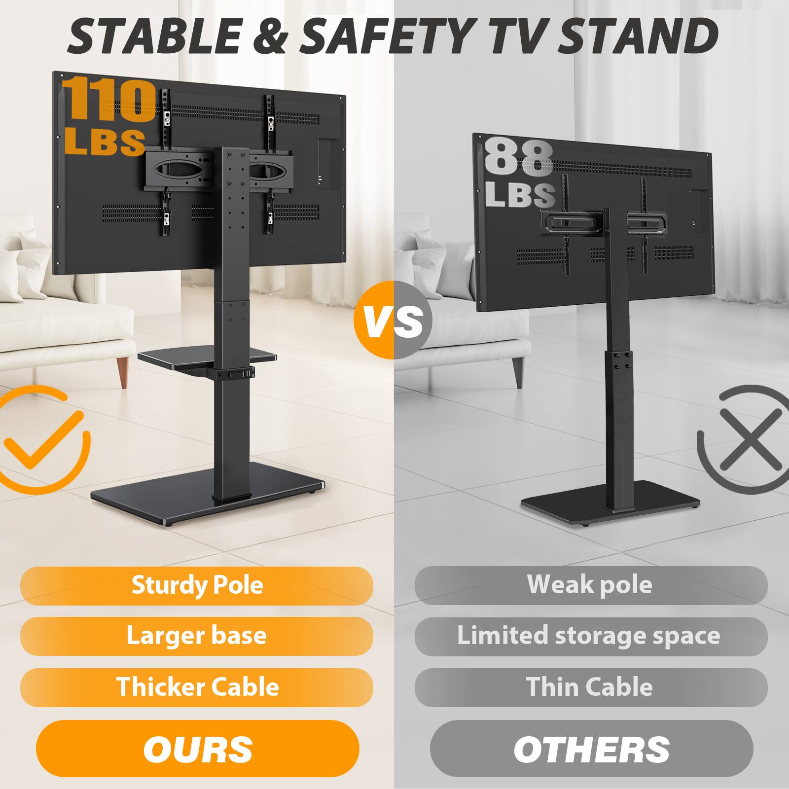 STABLE & SAFETY TV STAND

110 LBS

VS

88 LBS

Sturdy Pole
Larger base
Thicker Cable

OURS

Weak pole
Limited storage space
Thin Cable

OTHERS