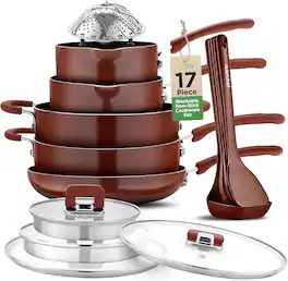 NutriChef - 17-Piece Non-Stick Cookware Set - Stackable, Induction Base, Foldable Knobs - Brown