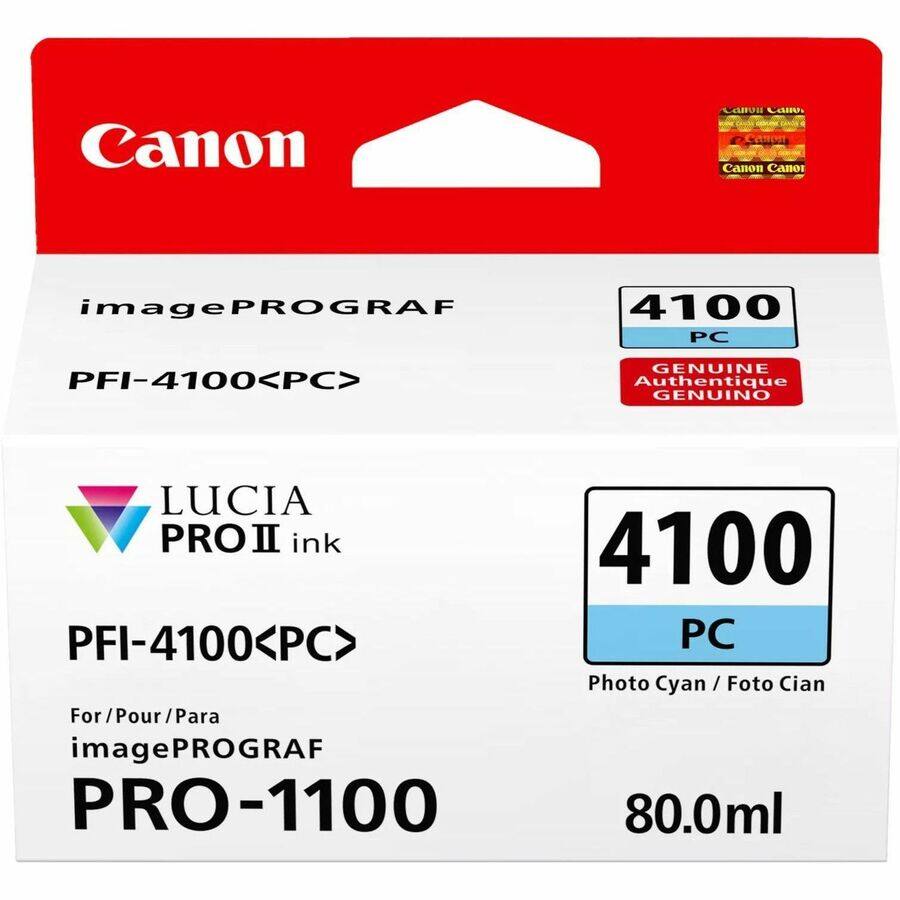Canon  
imagePROGRAF  
PFI-4100<PC>  

LUCIA PRO II ink  
PFI-4100<PC>  

For / Pour / Para  
imagePROGRAF  
PRO-1100  

4100 PC  
GENUINE Authentique GENUINO  

Photo Cyan / Foto Cian  

80.0ml
