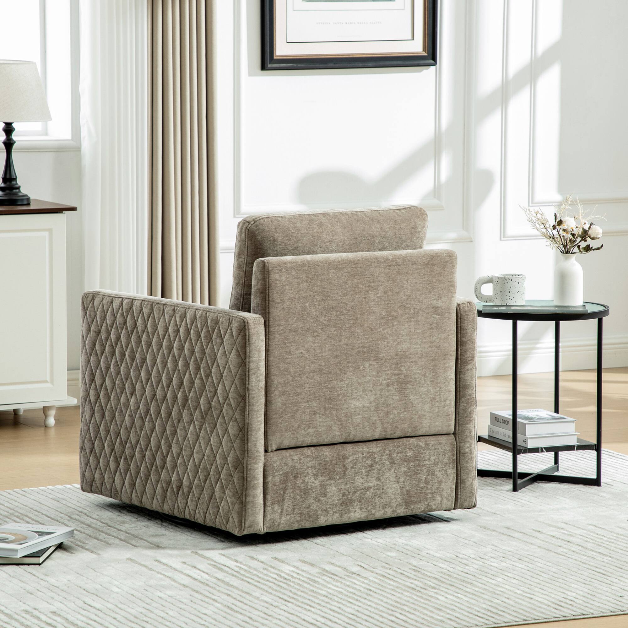 Alt View 4. GOODSILO - Upholstered Swivel Armchair with Hidden Storage and Tufted Armrests for Living Room and Bedroom - taupe.