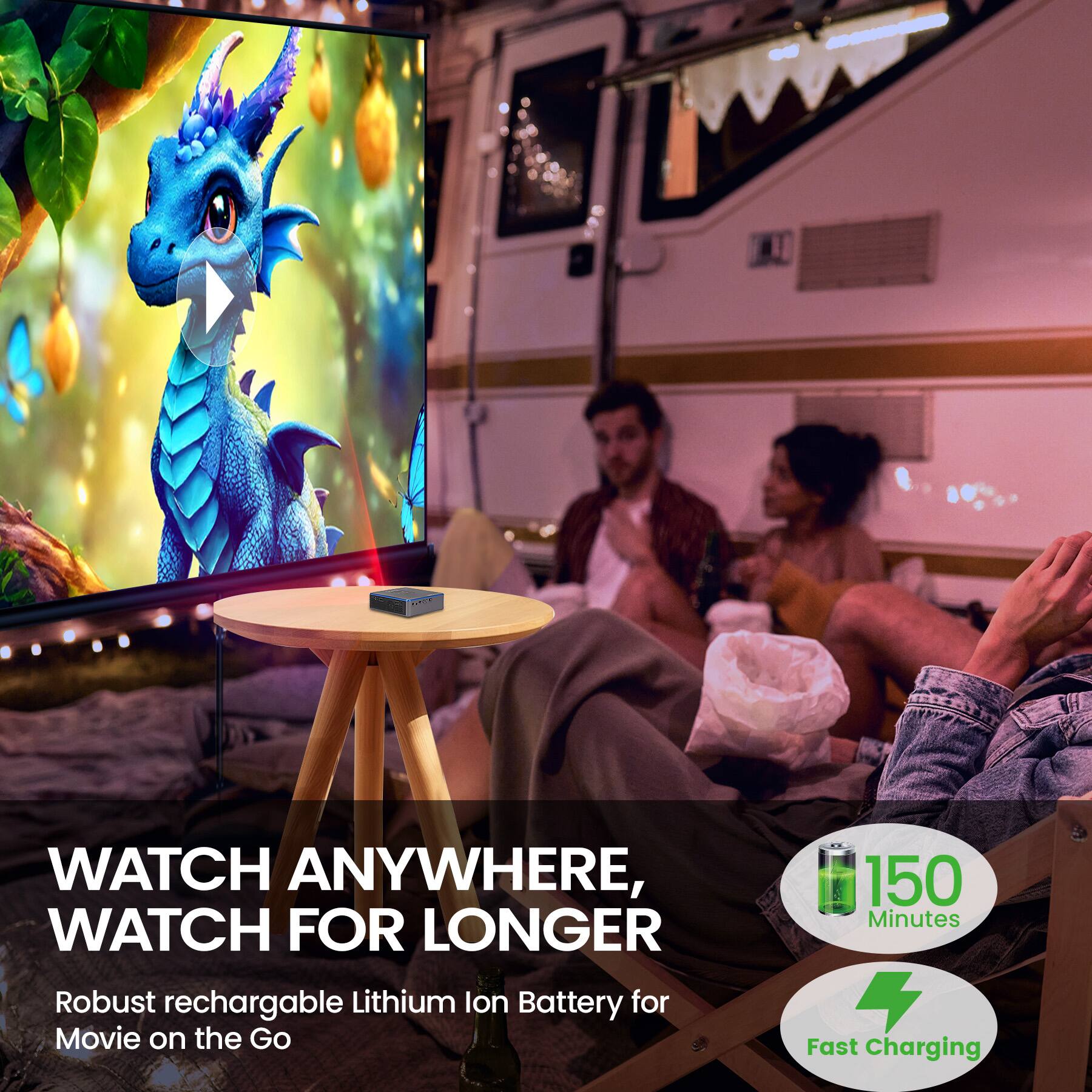 WATCH ANYWHERE, WATCH FOR LONGER Robust rechargable Lithium ion Battery for Movie on the Go 150 Minutes Fast Charging