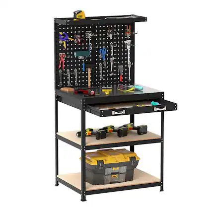 Front. SKONYON - 32 x 16 Inch Heavy Duty Workbench with Pegboard Drawer and Shelves.