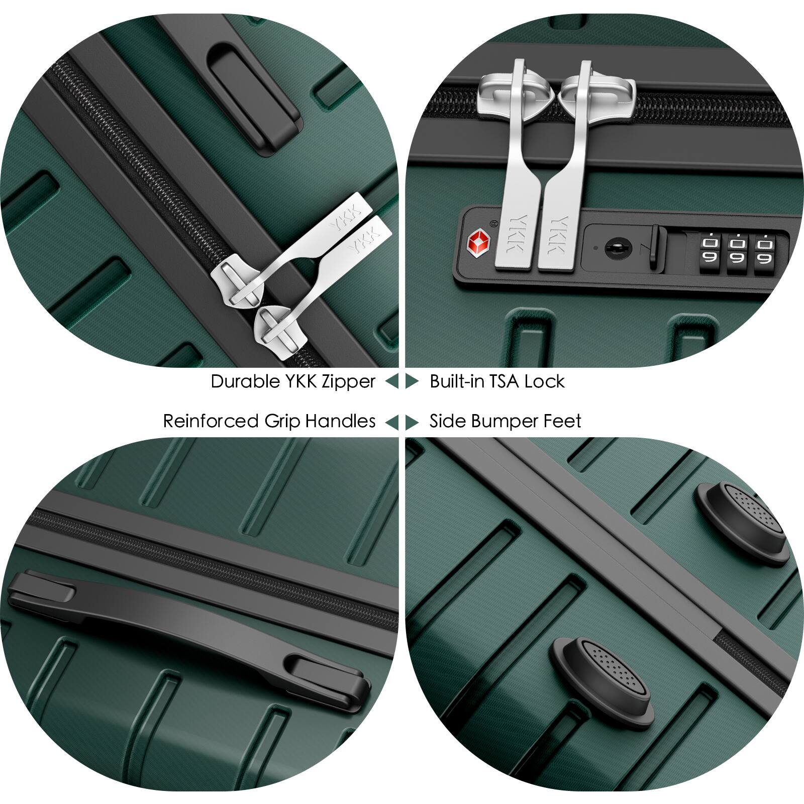 - Durable YKK Zipper
- Built-in TSA Lock
- Reinforced Grip Handles
- Side Bumper Feet