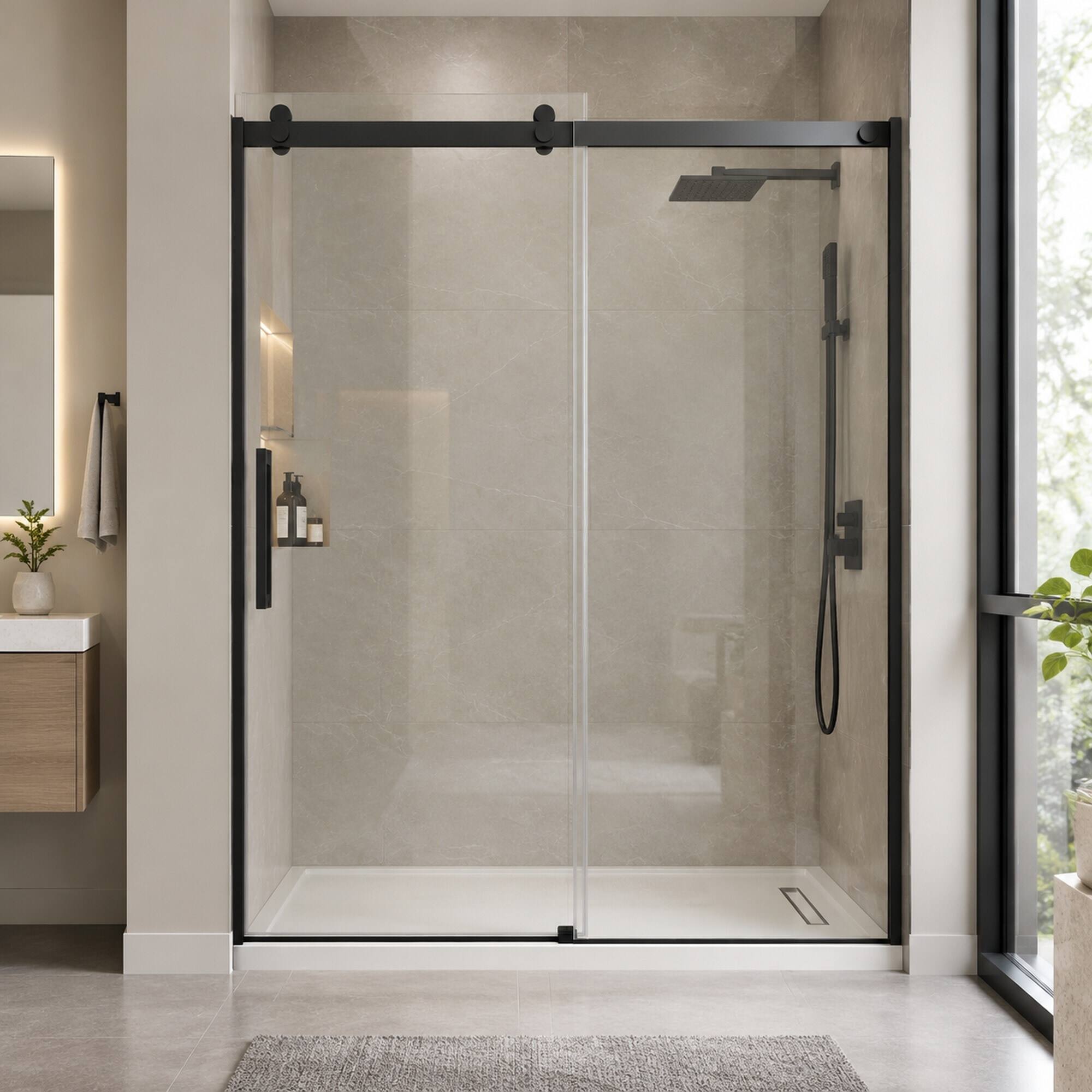 Alt View 3. RYHNUYNE - 56-60" W X 72" H Frameless Single Sliding Shower Door With 5/16" Clear Tempered Glass, Matte Black Finish - Matte Black.