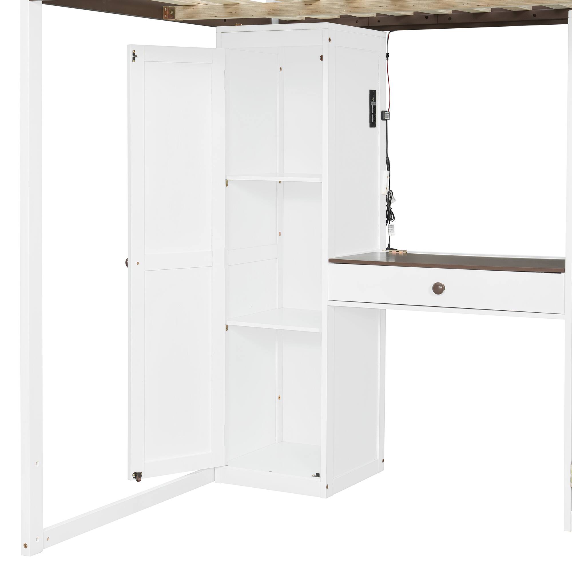 Alt View 5. Anysun - Full Size Loft Bed with Storage Staircase - Built-In Dressing Table & Mirror, Wardrobe, USB Ports & Lights - White.