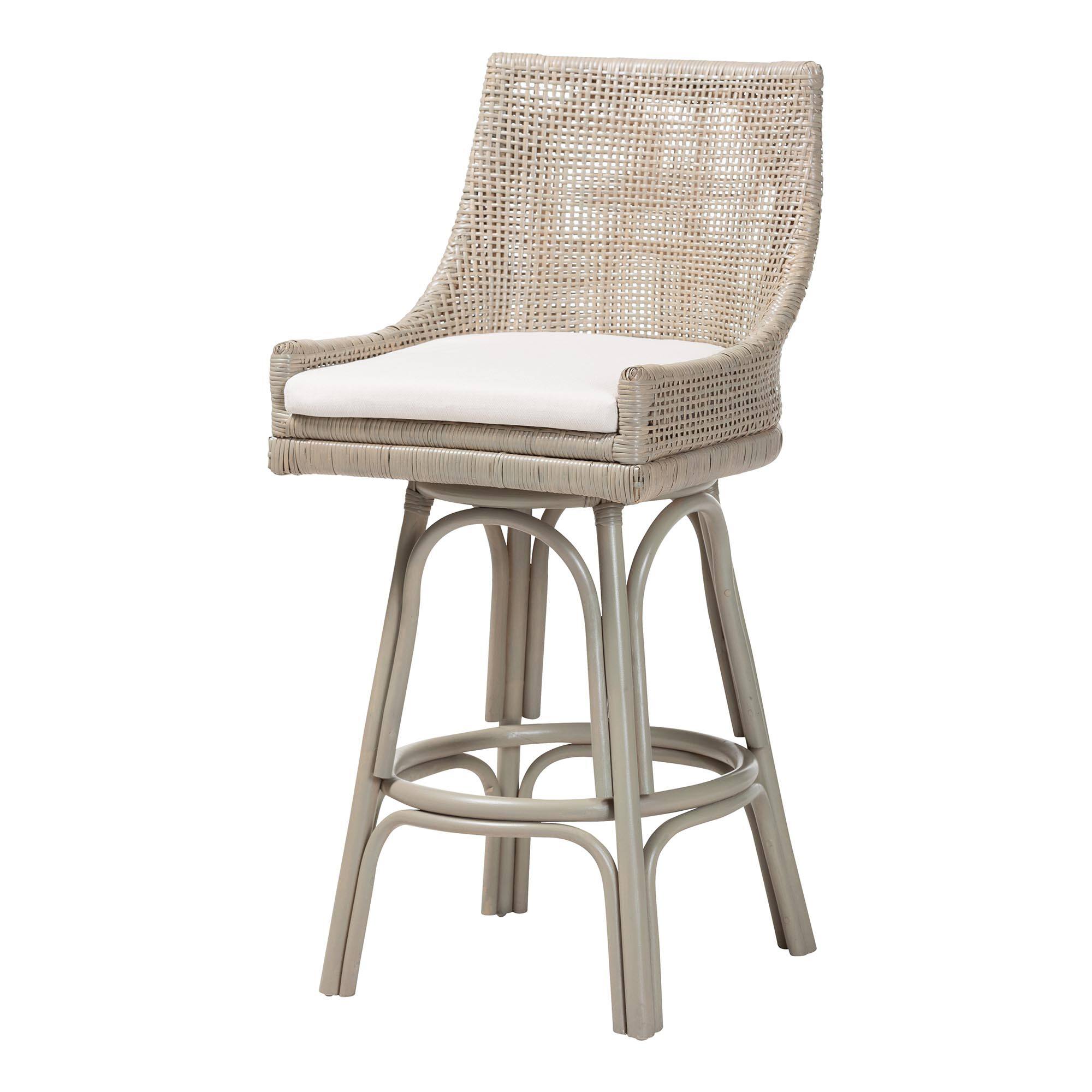 bali & pari - Bella Swivel Rattan Bar Stool with Cushion - Handwoven Wicker Bar Chair with Backrest and Footrest - French Grey