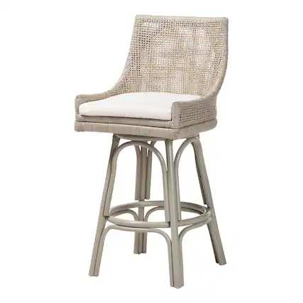 Front. bali & pari - Bella Swivel Rattan Bar Stool with Cushion - Handwoven Wicker Bar Chair with Backrest and Footrest - French Grey.