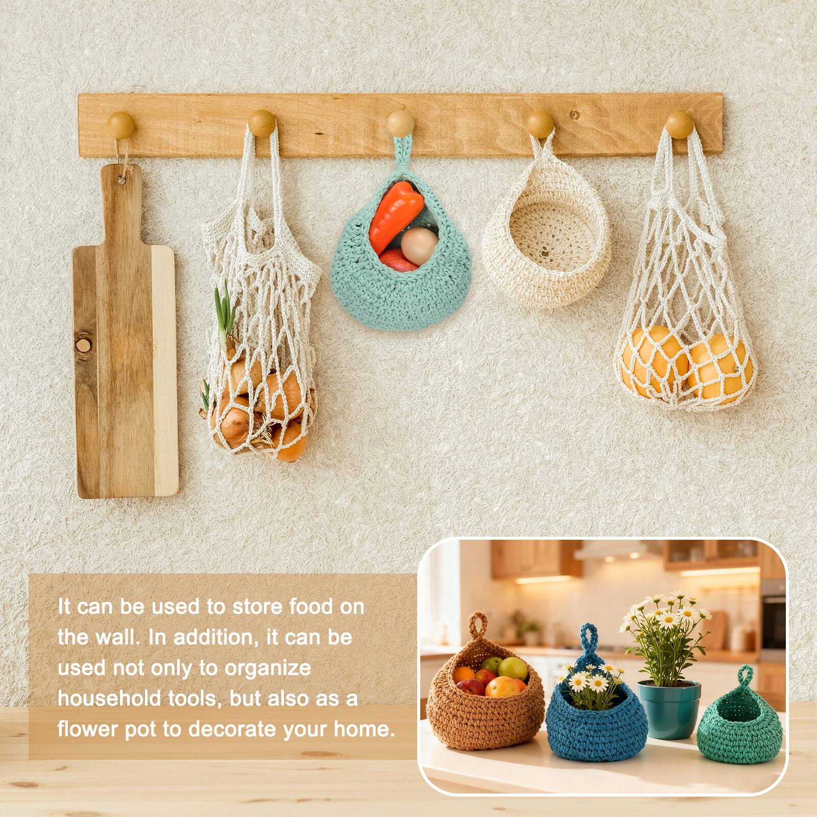 It can be used to store food on the wall. In addition, it can be used not only to organize household tools, but also as a flower pot to decorate your home.