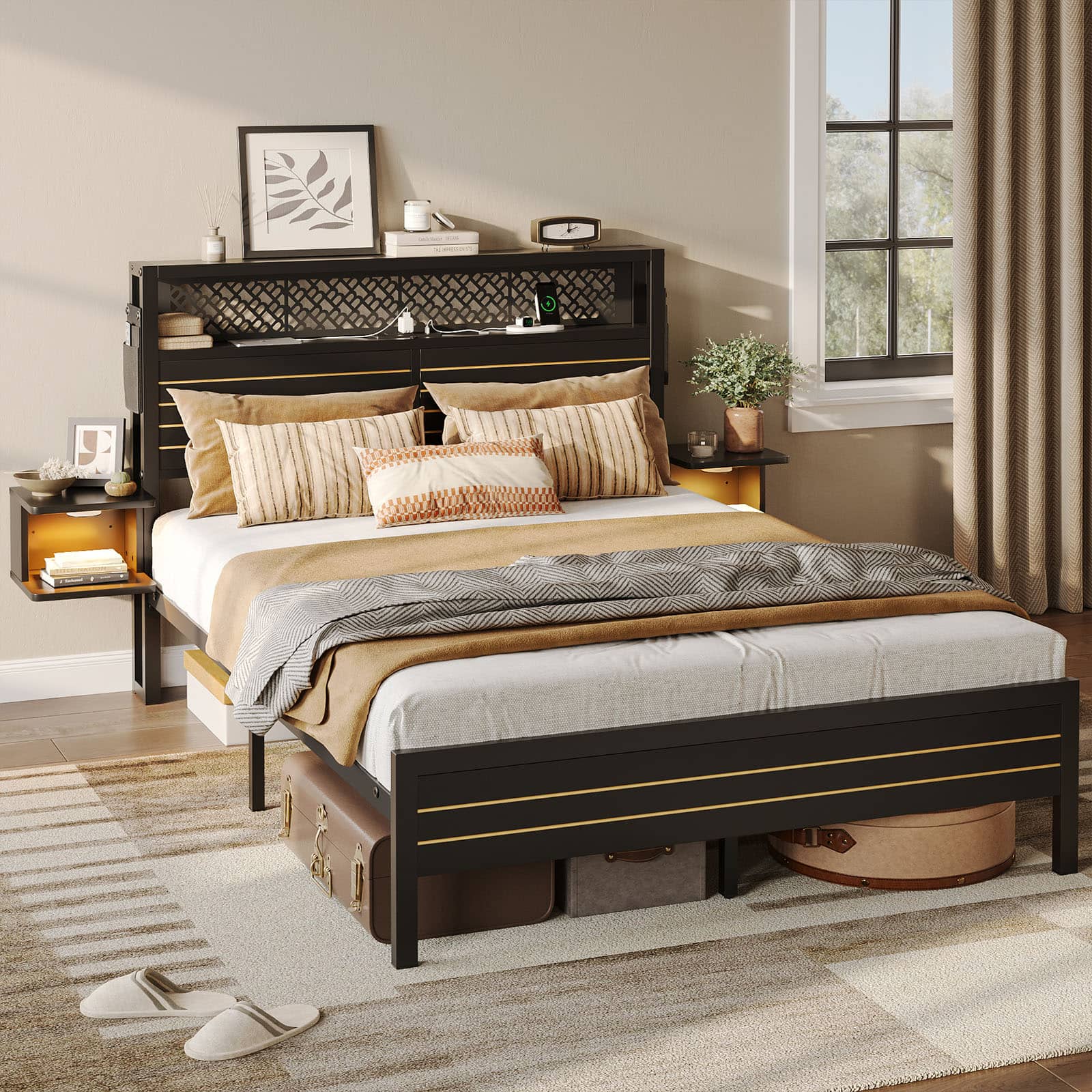 Alt View 5. Bestier - Bestier Full Bed Frame Golden Stripe Headboard LED Nightstands Metal Platform with Charging Station No Box Spring - Black.