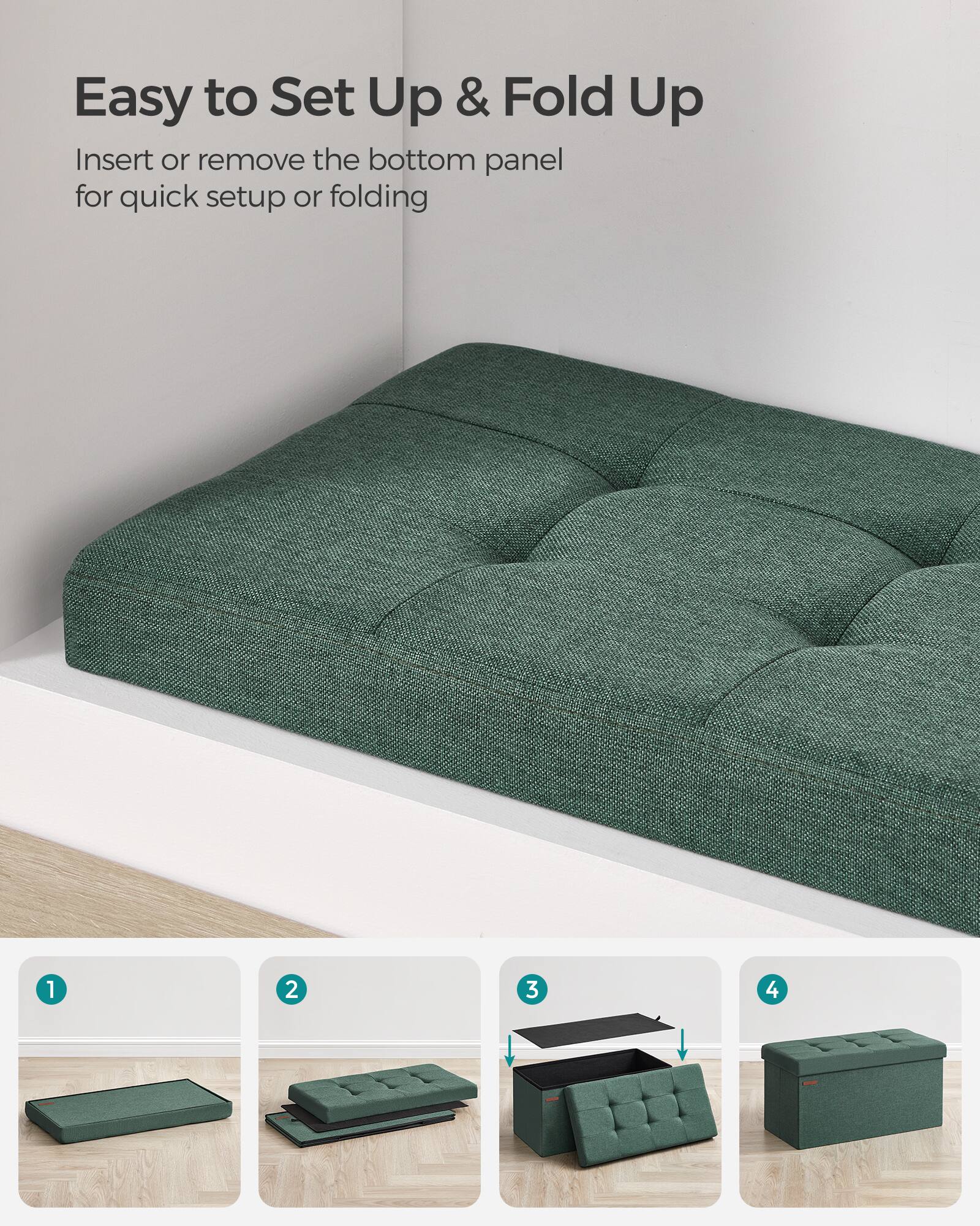 Easy to Set Up & Fold Up

Insert or remove the bottom panel for quick setup or folding

1. [Image of a flat panel]
2. [Image of a folded panel]
3. [Image of a partially assembled panel]
4. [Image of a fully assembled panel]