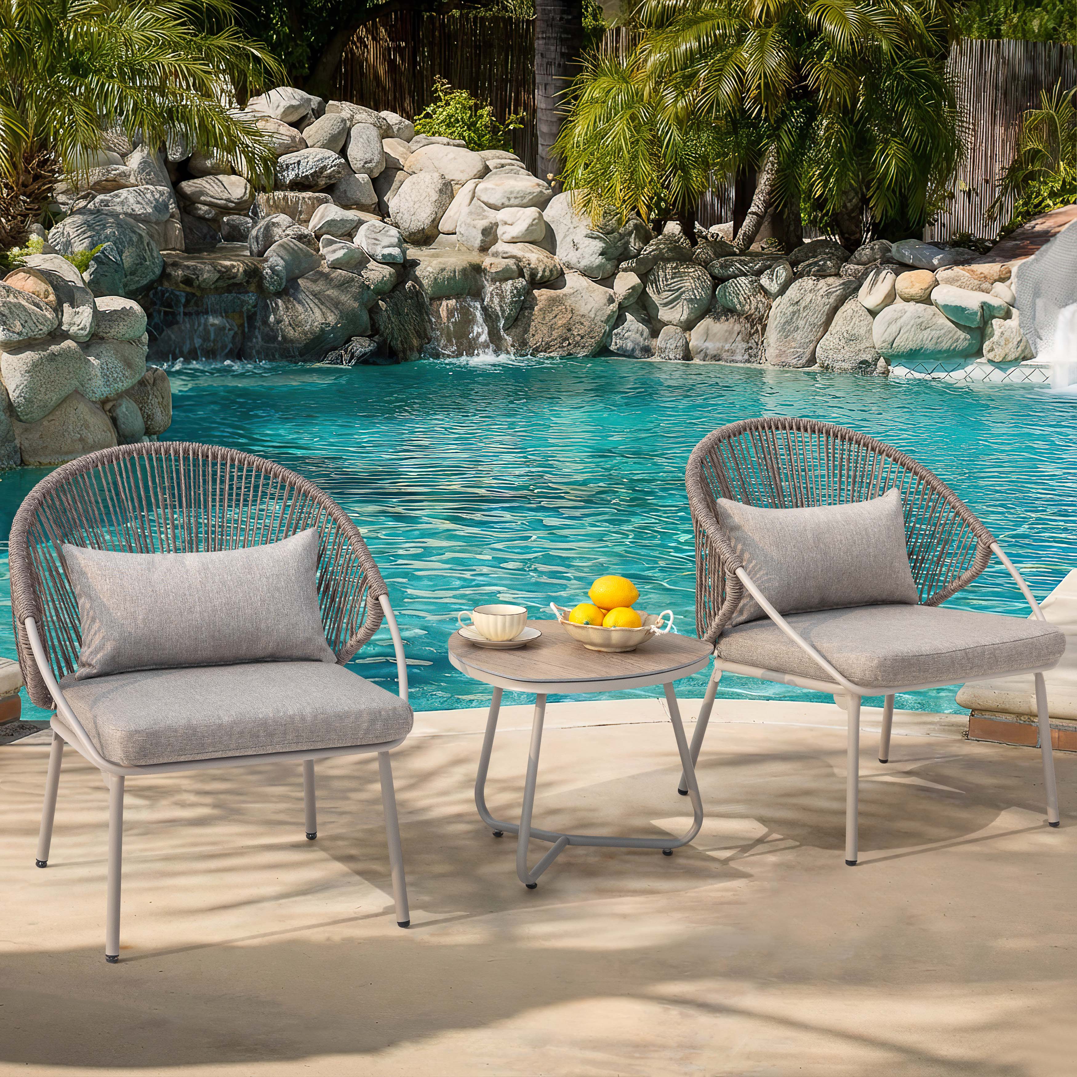 Alt View 6. Nuu Garden - 3PCS PE Wicker Patio Bistro Set with Zippered Cushions, Wood-Grain Tabletop - Grayish Brown.