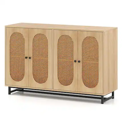 Front. Pefilos - 50" Rattan Buffet Sideboard,4-Door Adjustable Shelves,Anti-Tip Metal Legs,Natural - Brown.