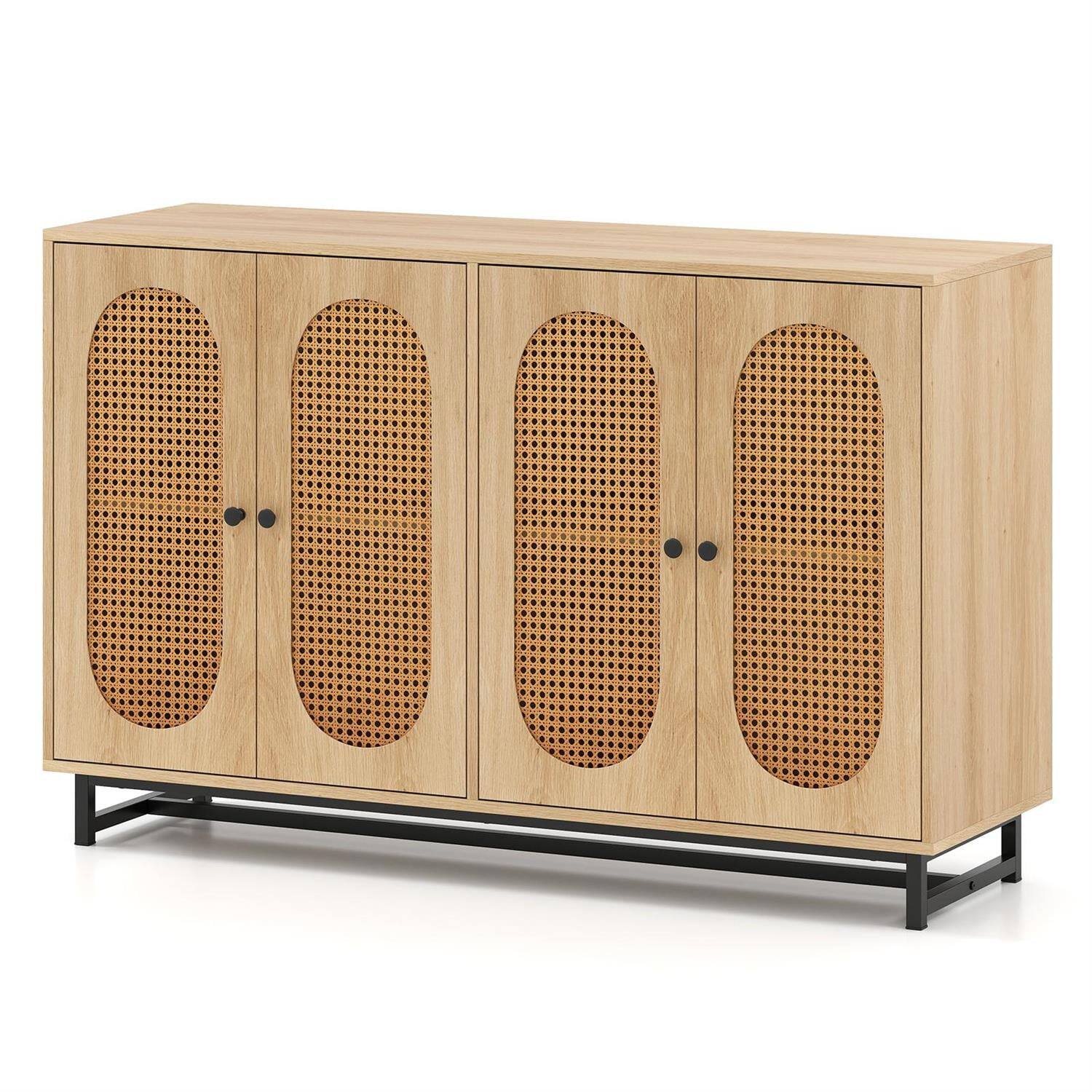 Front. Pefilos - 50" Rattan Buffet Sideboard,4-Door Adjustable Shelves,Anti-Tip Metal Legs,Natural - Brown.
