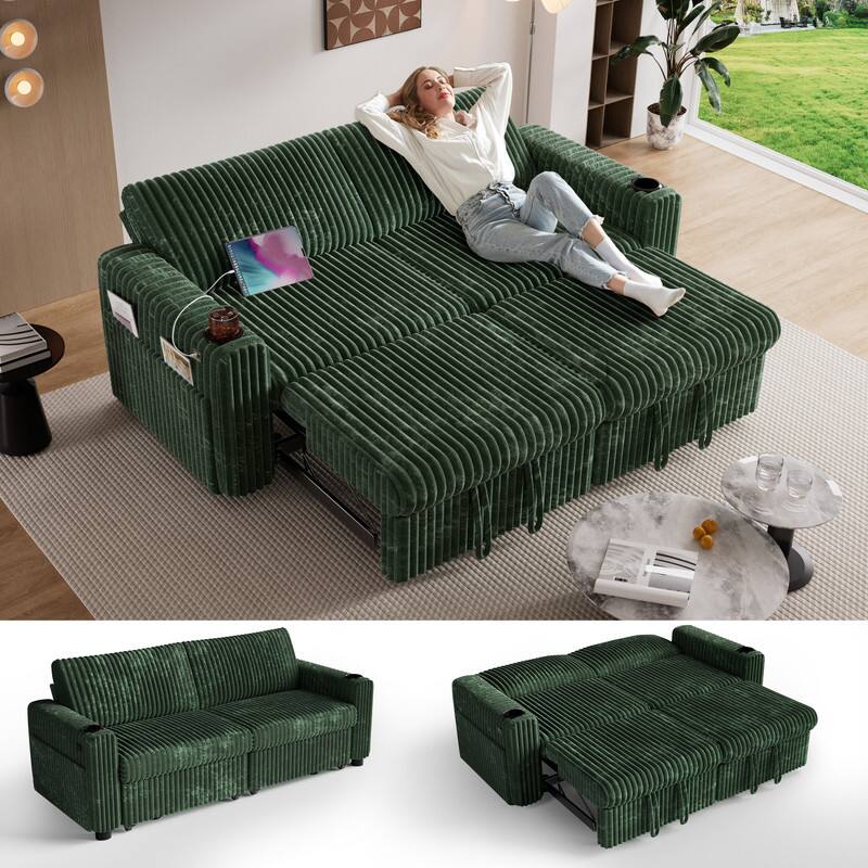 Front. Dyonery - Dyonery 91" Sectional Sleeper Sofa Bed with Pull Out Bed, L Shaped Couch Sleeper Sofa,Plush Corduroy Green - Green.