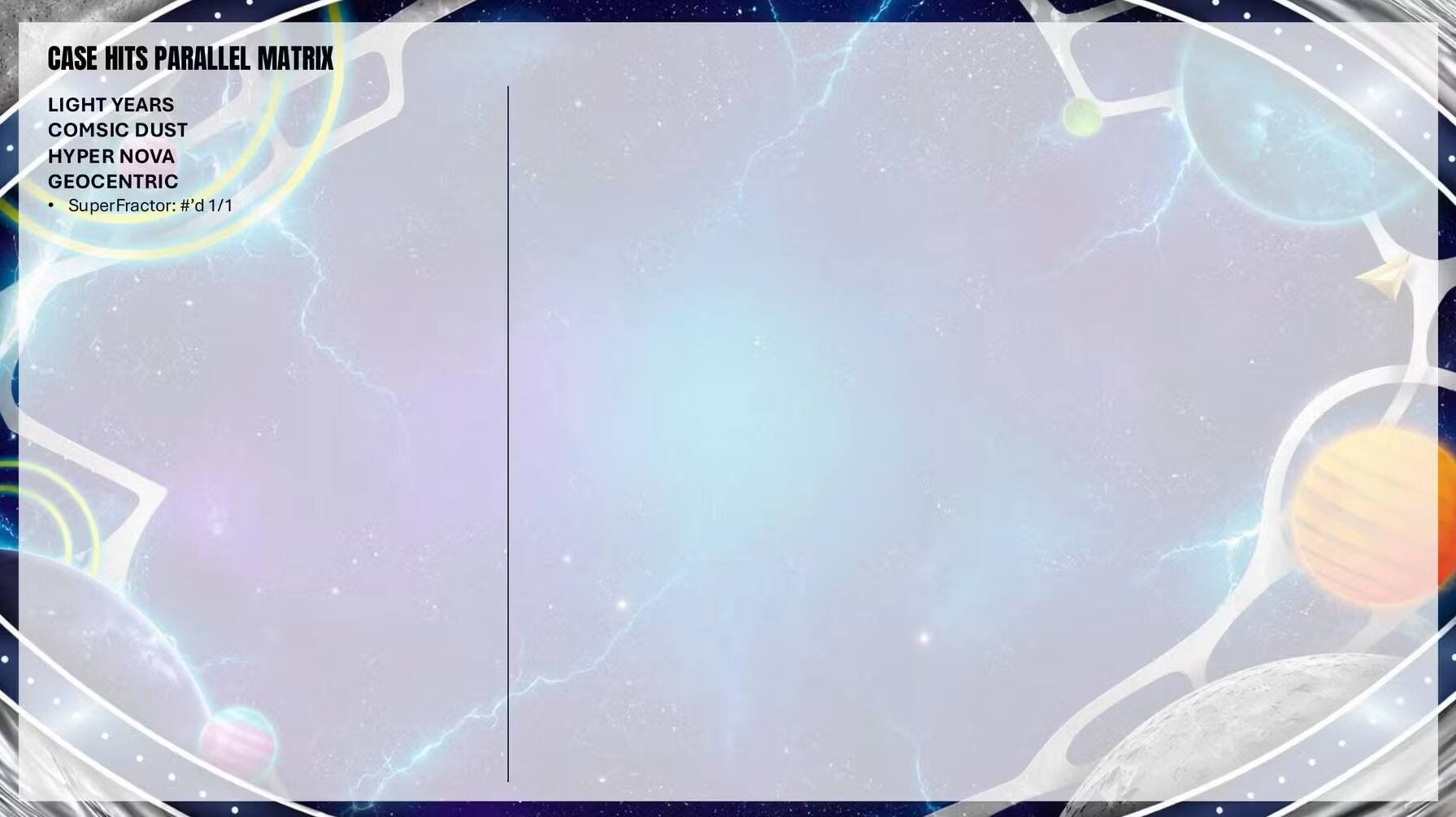 CASE HITS PARALLEL MATRIX  
LIGHT YEARS  
COMIC DUST  
HYPER NOVA  
GEOCENTRIC  
SuperFractor: #d 1/1