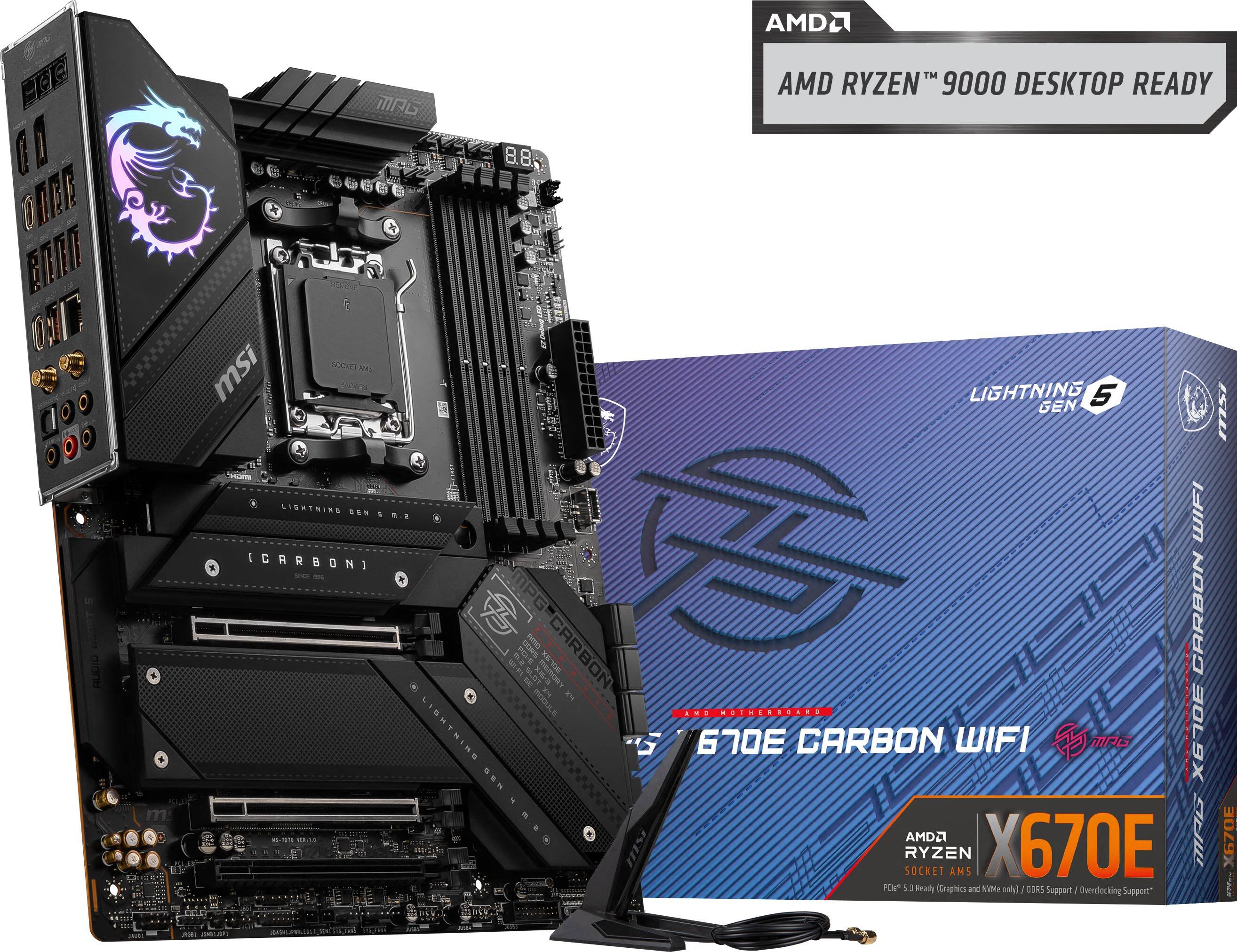AMD RYZEN 9000 Desktop Ready Motherboard with AMD RYZEN 9 5900X processor and 16GB of RAM. The board also features a carbon fiber design and a Lightning 5 (100 GEN 3) WiFi module.