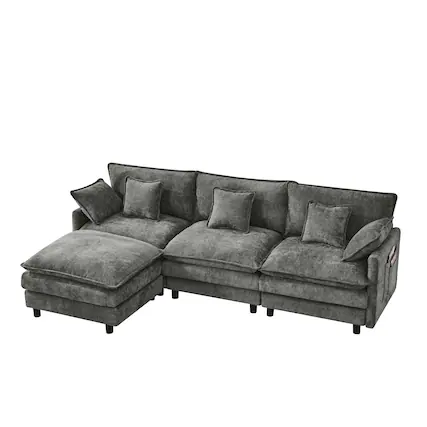 Front. Boyel Living - 101.9In Gray Cashmere Modular Sofa 3-Seater with Movable Footstool - Gray.