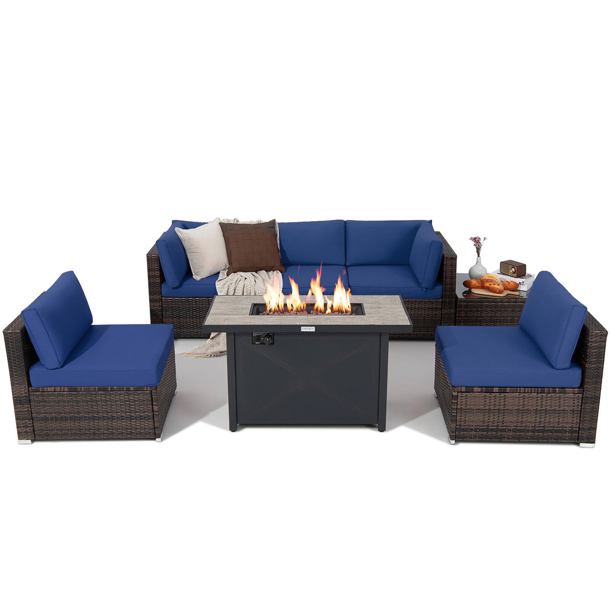 Alt View 1. Gymax - Gymax 7PCS Patio Rattan Furniture Set Fire Pit Table Cover Cushion Navy - Navy.