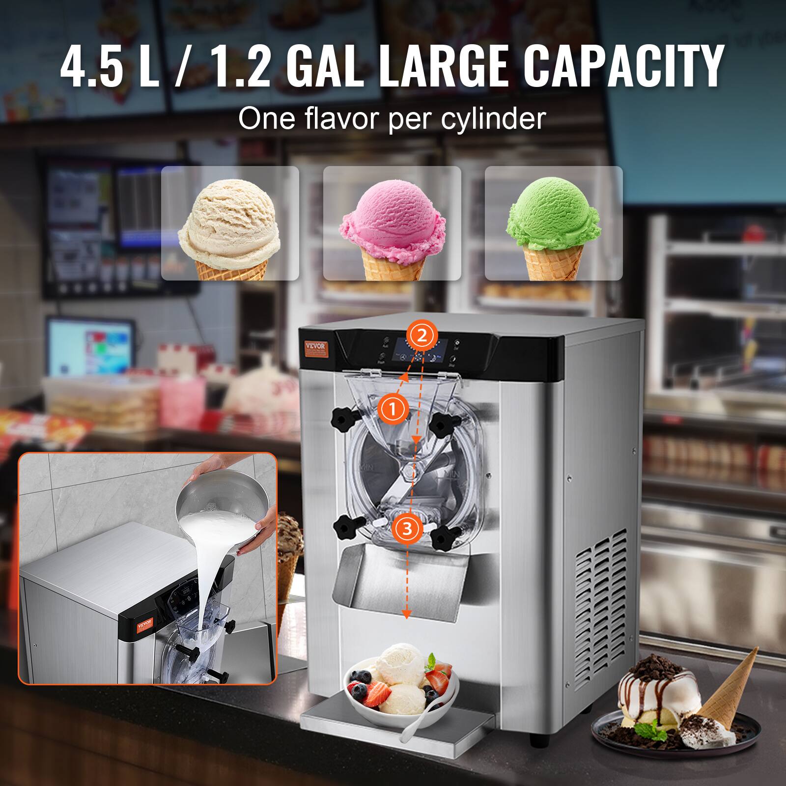 4.5 L / 1.2 GAL LARGE CAPACITY  
One flavor per cylinder
