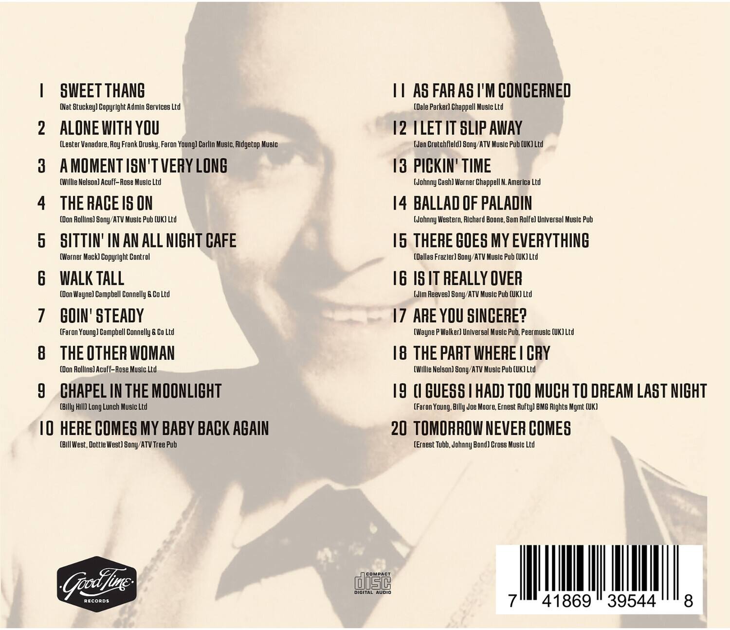 1. SWEET THANG  
   Nat Stuckey Copyright Admin Services Ltd

2. ALONE WITH YOU  
   (Lester Vanadore, Roy Frank Drusky, Faron Young) Carlin Music, Ridgtop Music

3. A MOMENT ISN'T VERY LONG  
   (Willie Nelson) Acuff-Rose Music Ltd

4. THE RACE IS ON  
   (Don Rollins) Bong/ATV Music Pub UK Ltd

5. SITTIN' IN AN ALL NIGHT CAFE  
   (Warner Mock) Copyright Control

6. WALK TALL  
   (Don Weyant) Campbell Connelly & Co Ltd

7. GOIN' STEADY  
   (Faron Young) Campbell Connelly & Co Ltd

8. THE OTHER WOMAN  
   (Don Rollins) Acuff-Rose Music Ltd

9. CHAPEL IN THE MOONLIGHT  
   (Billy Long) Lunch Music Ltd

10. HERE COMES MY BABY BACK AGAIN  
    (Bill West, Dottie West) Bong/ATV Tree Pub

11. AS FAR AS I'M CONCERNED  
    (Dale Parker) Chappell