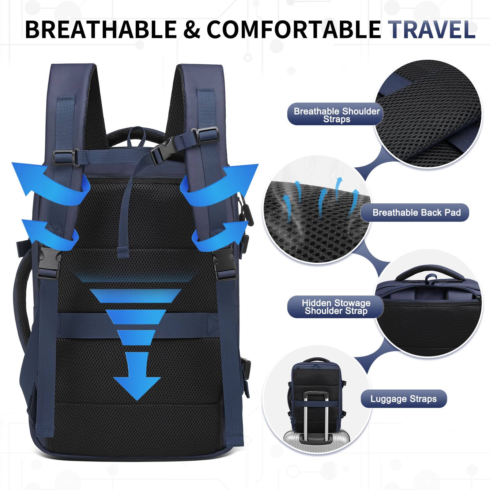 BREATHABLE & COMFORTABLE TRAVEL

- Breathable Shoulder Straps
- Breathable Back Pad
- Hidden Stowage Shoulder Strap
- Luggage Straps