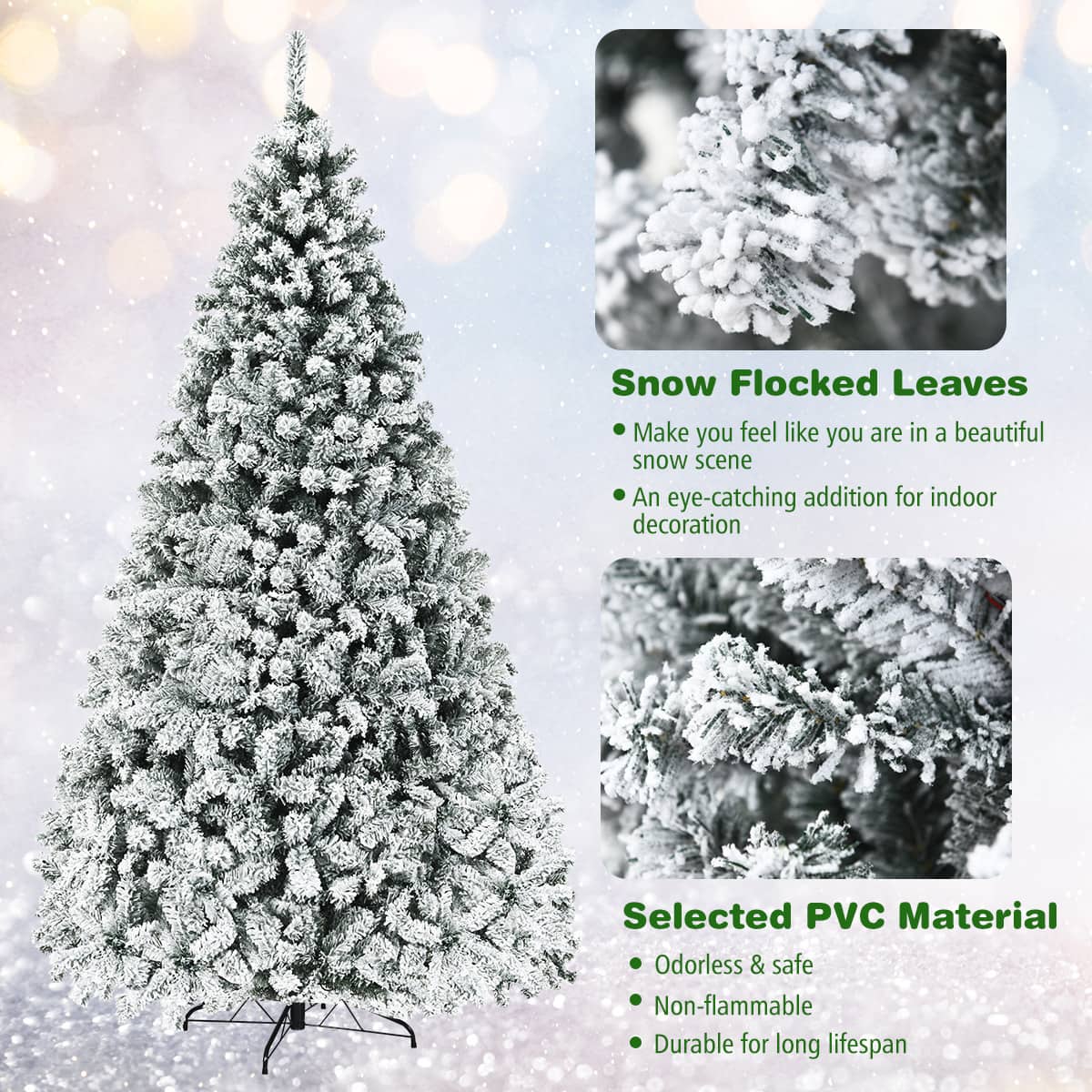 The text on the image is grouped and corrected as follows:
1. Snow Flocked Leaves: Make you feel like you are in a beautiful snow scene. An eye-catching addition for indoor decoration.
2. Selected PVC Material: Odorless & safe. Non-flammable. Durable for long lifespan.