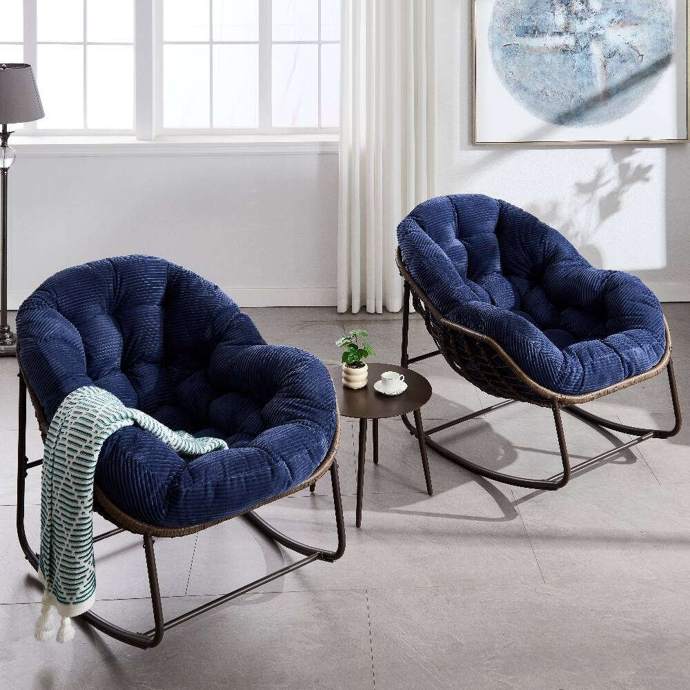 Alt View 2. Loheer - Loheer Outdoor Rattan Rocking Chair Oversized Egg Chair Padded Cushion Navy Blue - Navy Blue.