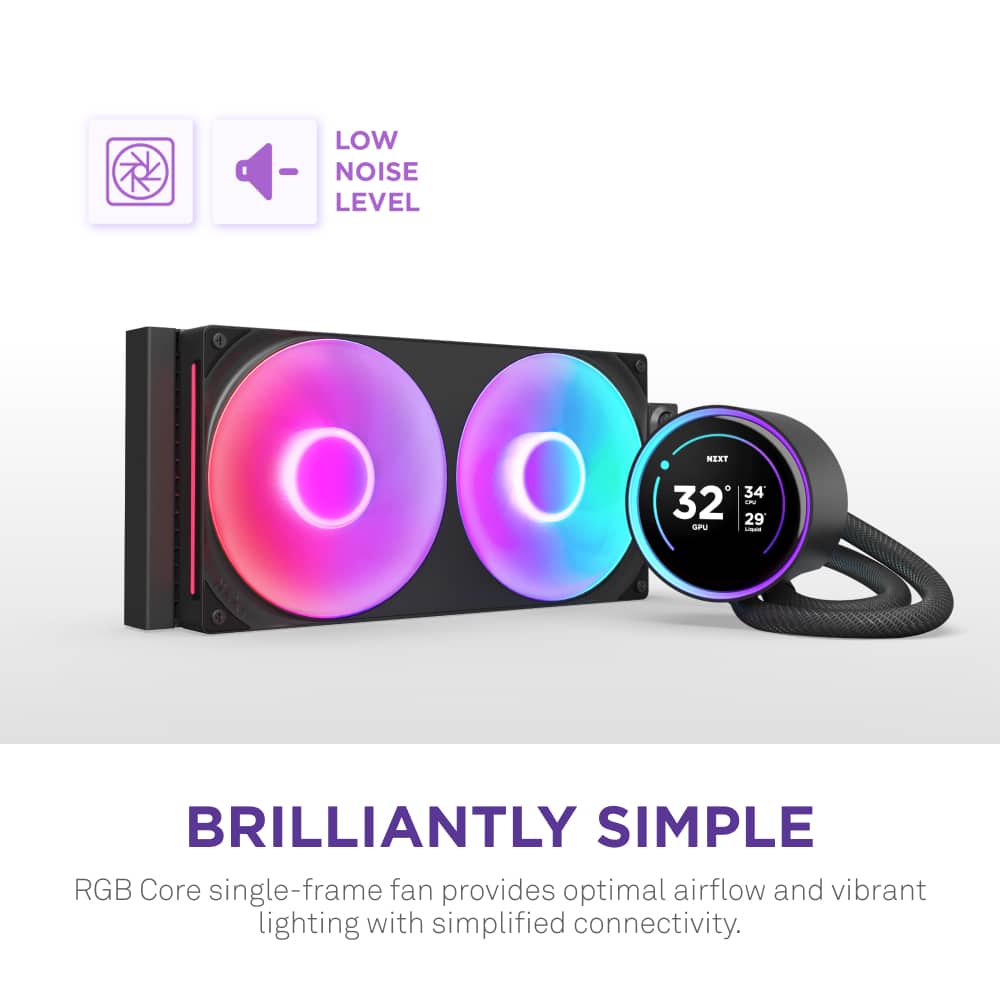 The text on the image reads:
"BRILLIANTLY SIMPLE RGB Core single-frame fan provides optimal airflow and vibrant lighting with simplified connectivity. LOW NOISE LEVEL MEAT 34 32 i 29 GR - BRILLIANTLY SIMPLE RGB Core single-frame fan provides optimal airflow and vibrant lighting with simplified connectivity."
The text has been grouped and corrected as follows:
"BRILLIANTLY SIMPLE RGB Core single-frame fan provides optimal airflow and vibrant lighting with simplified connectivity. LOW NOISE LEVEL MEAT 34 32 i 29 GR - BRILLIANTLY SIMPLE RGB Core single-frame fan provides optimal airflow and vibrant lighting with simplified connectivity."