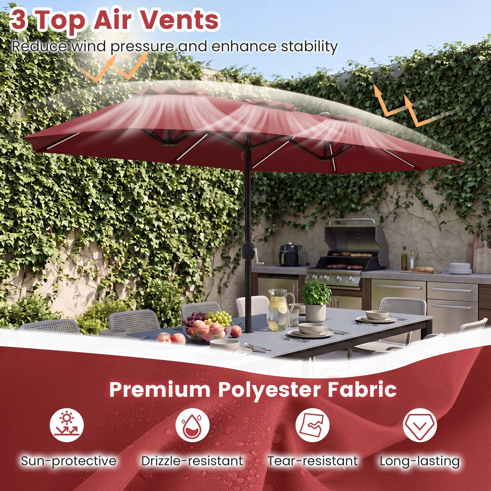 3 Top Air Vents  
Reduce wind pressure and enhance stability  

Premium Polyester Fabric  
Sun-protective  
Drizzle-resistant  
Tear-resistant  
Long-lasting