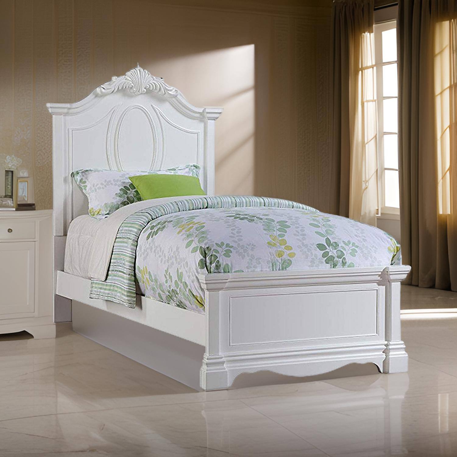 Alt View 5. Manhattan Lane - Traditional Style Wooden Full Size Bed with Crown Carved Headboard, White - White.