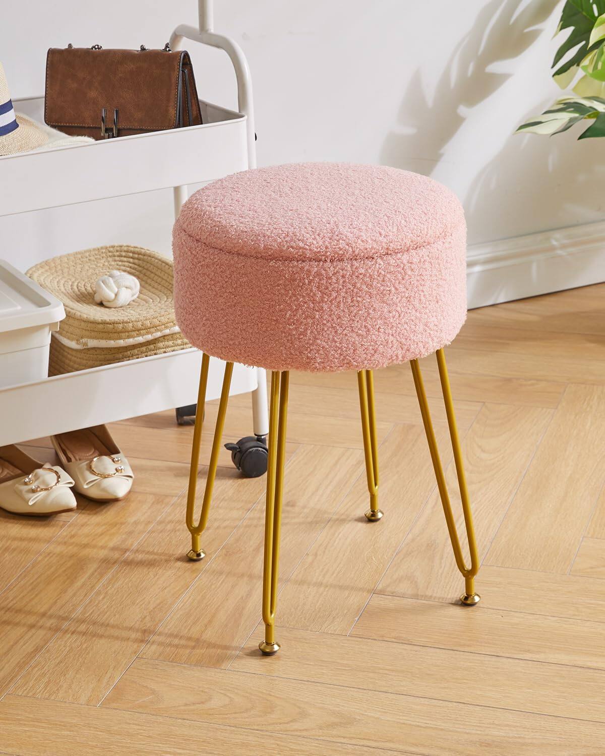 Alt View 2. JETRANSPORT - Teddy Storage Footrest Stool Ottoman Makeup Vanity Side Table Removable Cover Golden Steel Coffee Pink Wbd010p - White without storage.