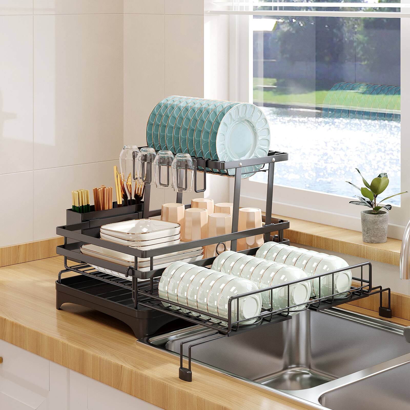 Angle. Malletson - Dish Drying Rack,Extendable Dish Rack with Cutlery Holder, Anti-Rust Black Dish Racks for Kitchen Counter - Black.