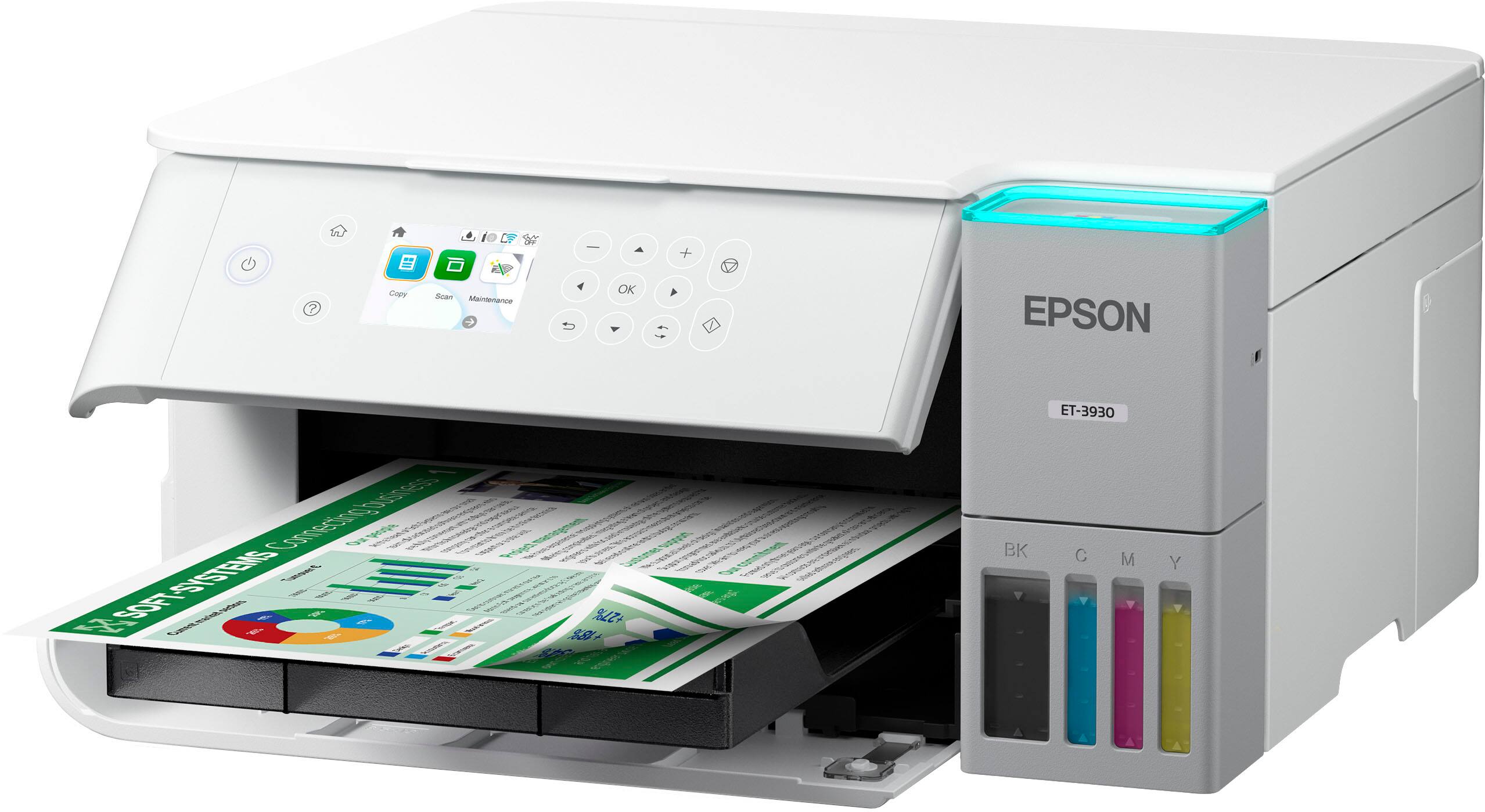 Epson ET-3930 printer with a green and white manual and a colorful cartridge. The printer has a white and gray color scheme.