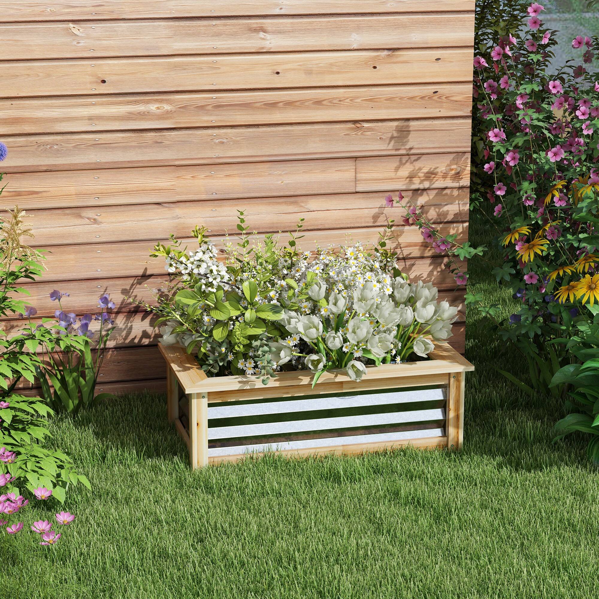 Alt View 5. Outsunny - Garden Bed, Planter Box, Metal and Wood Combined, for Growing Flowers - Silver and Natural.