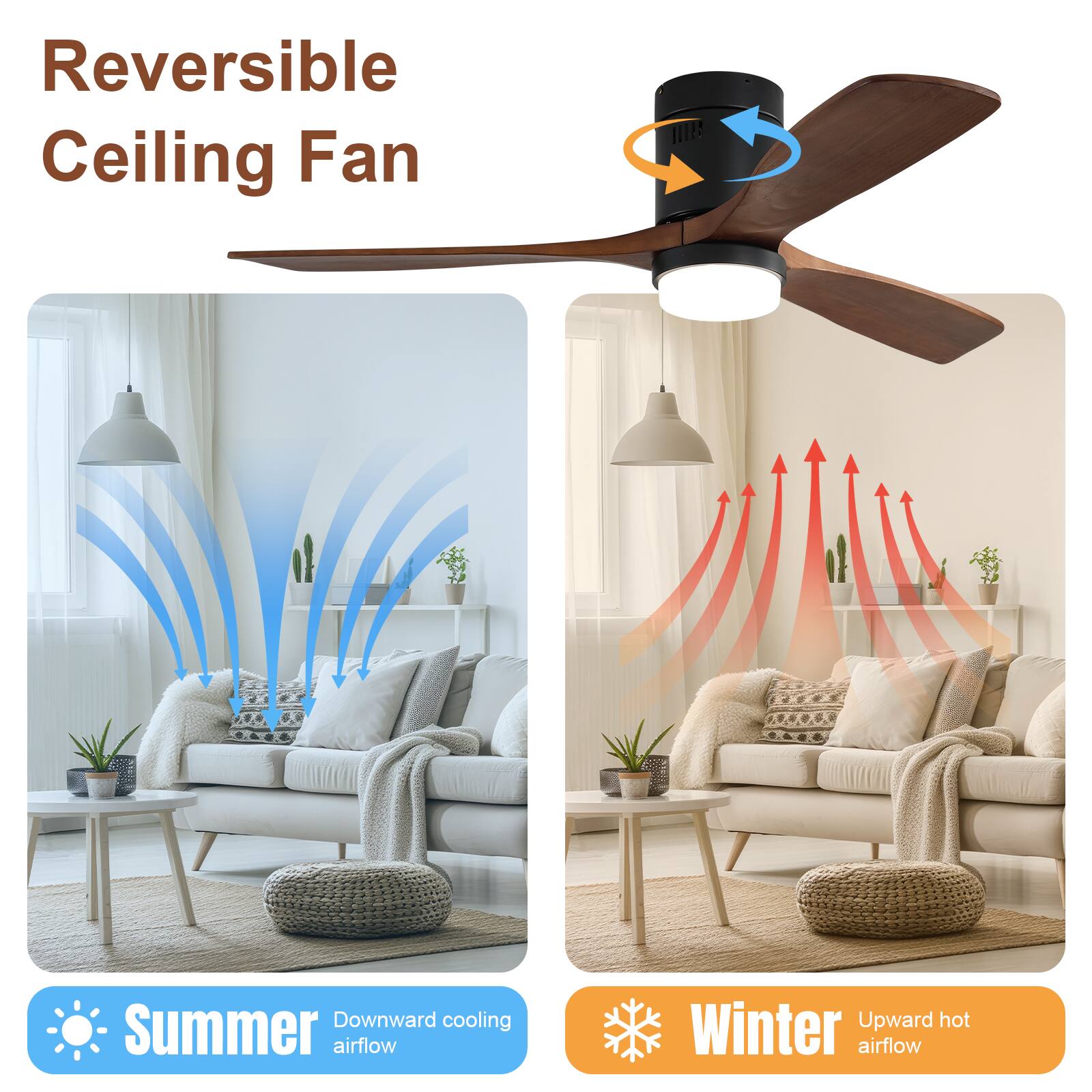 Reversible Ceiling Fan

Summer: Downward cooling airflow

Winter: Upward hot airflow