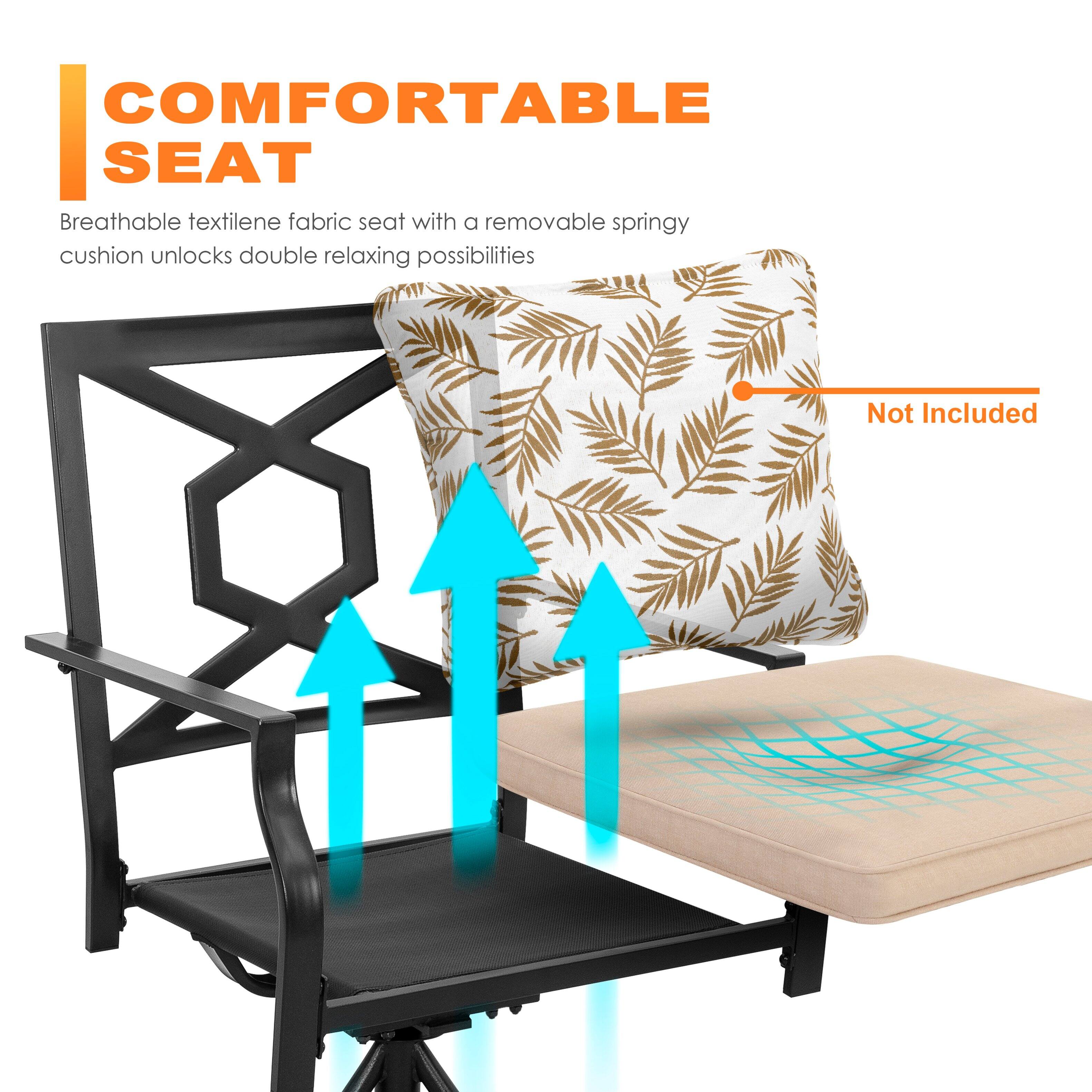 **COMFORTABLE SEAT**

Breathable textilene fabric seat with a removable springy cushion unlocks double relaxing possibilities

Not Included