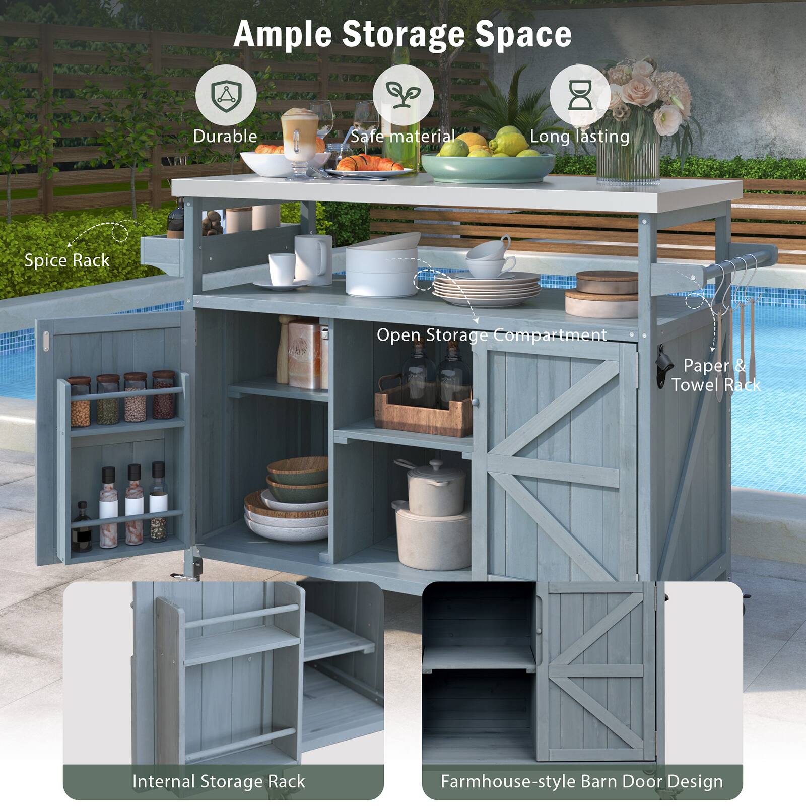 Ample Storage Space  
Durable  
Safe material  
Long lasting  
Spice Rack  
Open Storage Compartment  
Paper & Towel Rack  
Internal Storage Rack  
Farmhouse-style Barn Door Design