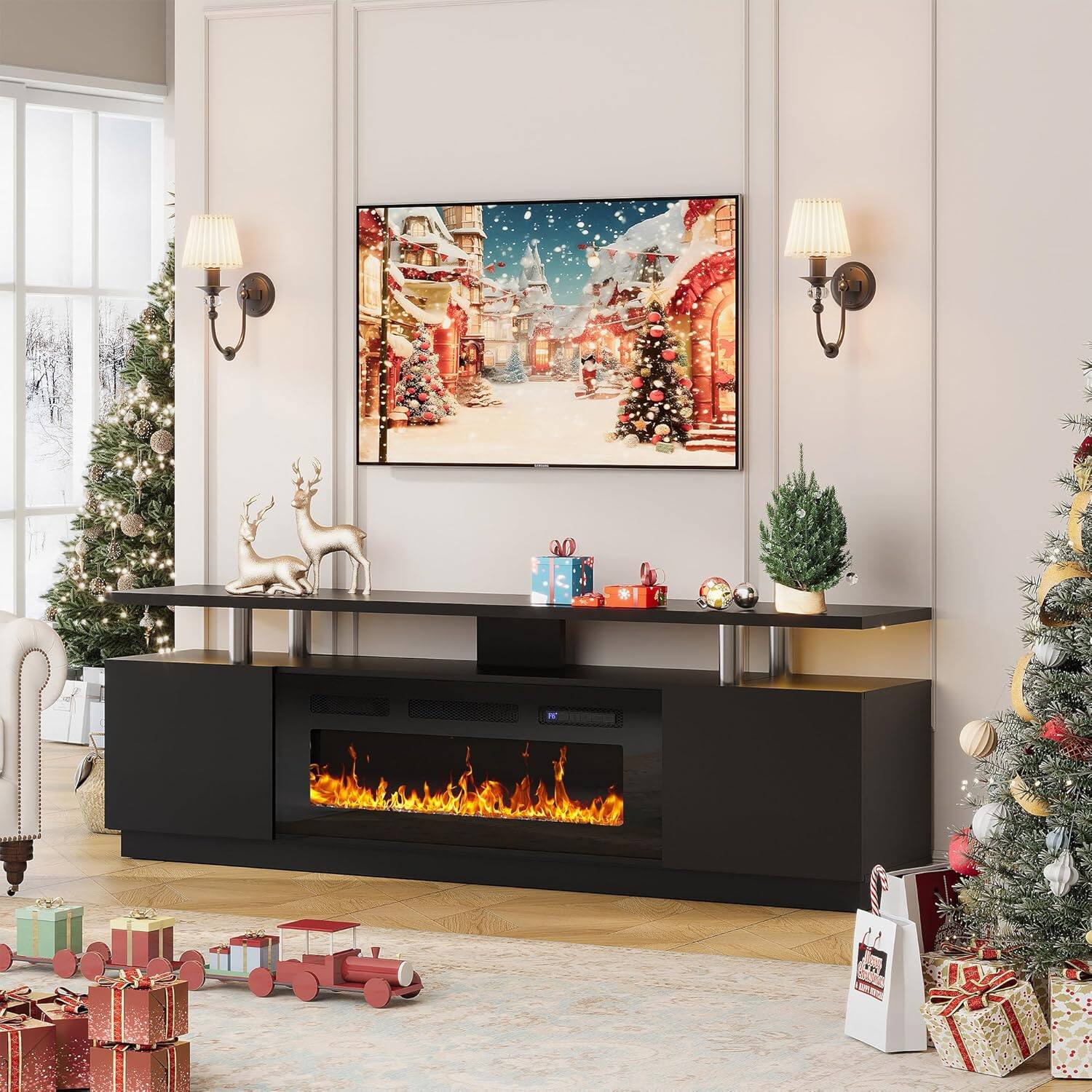 Alt View 4. Qeetex - 80" TV Stand with 36" Electric Fireplace, 12 Flame Colors, Glass Shelves, Storage Cabinets, Black Finish.