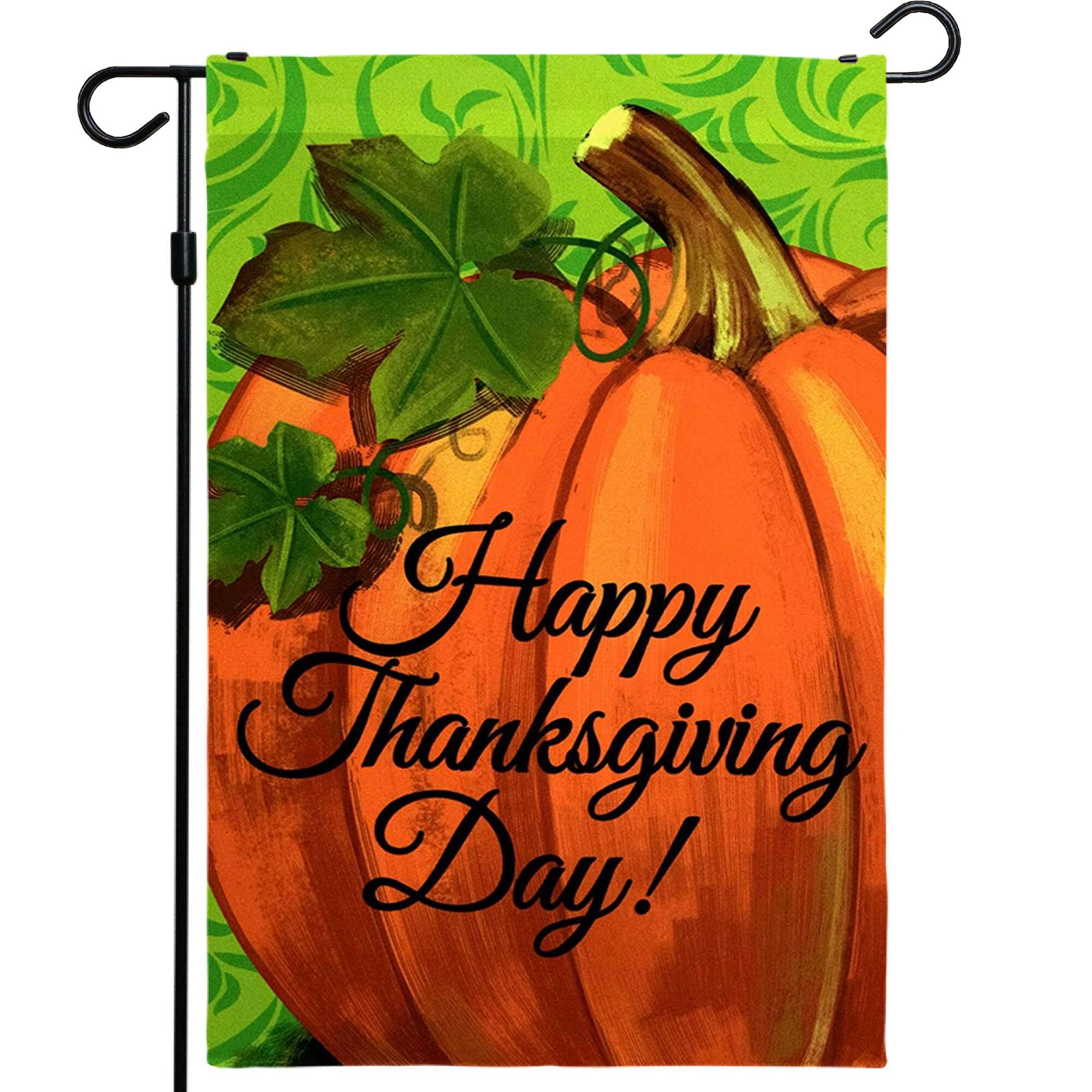 G128 - Home Decorative Thanksgiving Garden Flag "Happy Thanksgiving Day" Pumpkin, 12 x 18 in 150D Polyester - Assorted Colors