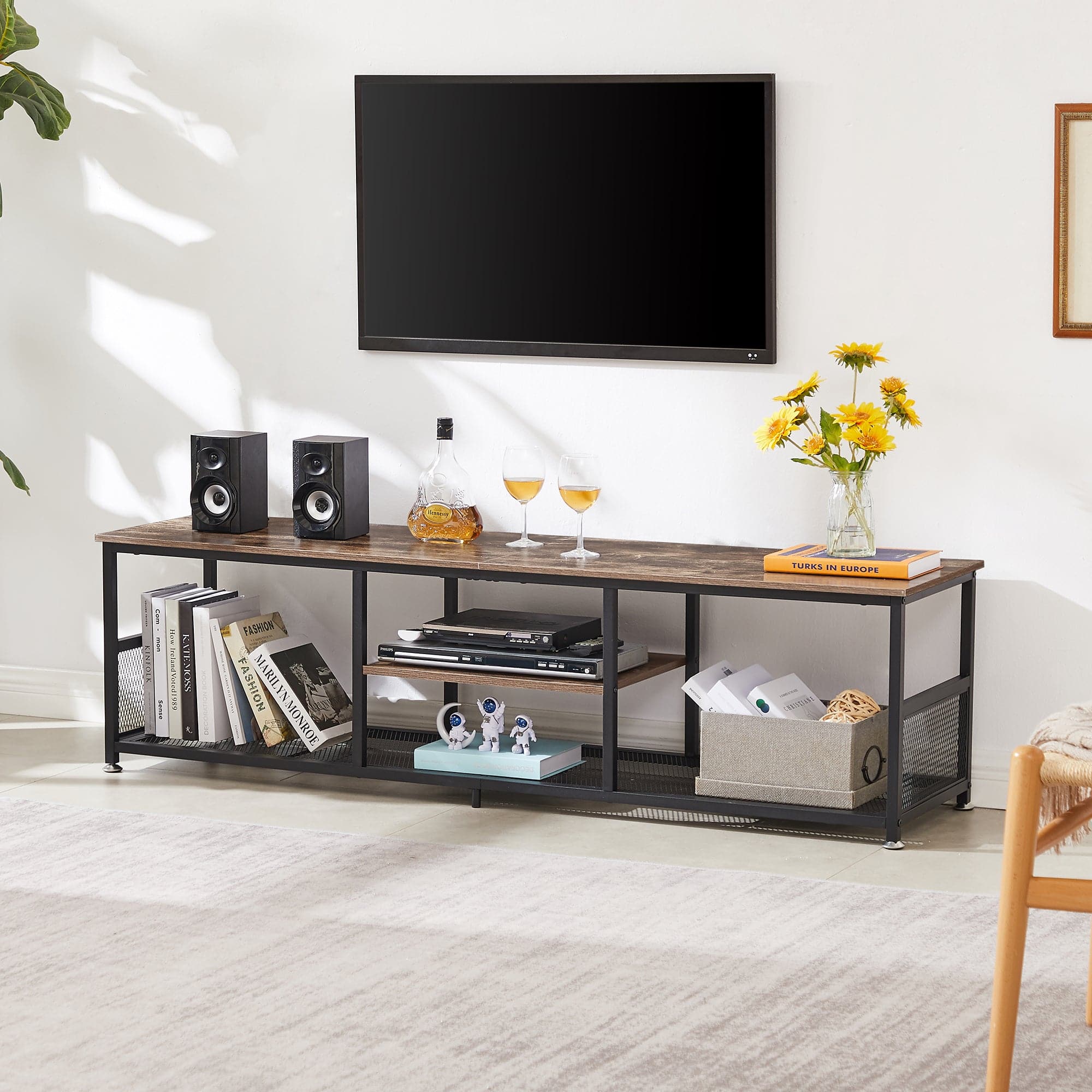 Vecelo - Industrial TV Stand with Power Outlets and USB Ports – Modern Open Shelf Media Console Table for Living Room - 63" Brown