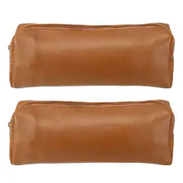 Unique Bargains - 2pcs Leather Pen Pouch, Small Zippered Pencil Case, Stationery & Makeup Organizer for Adults - Brown