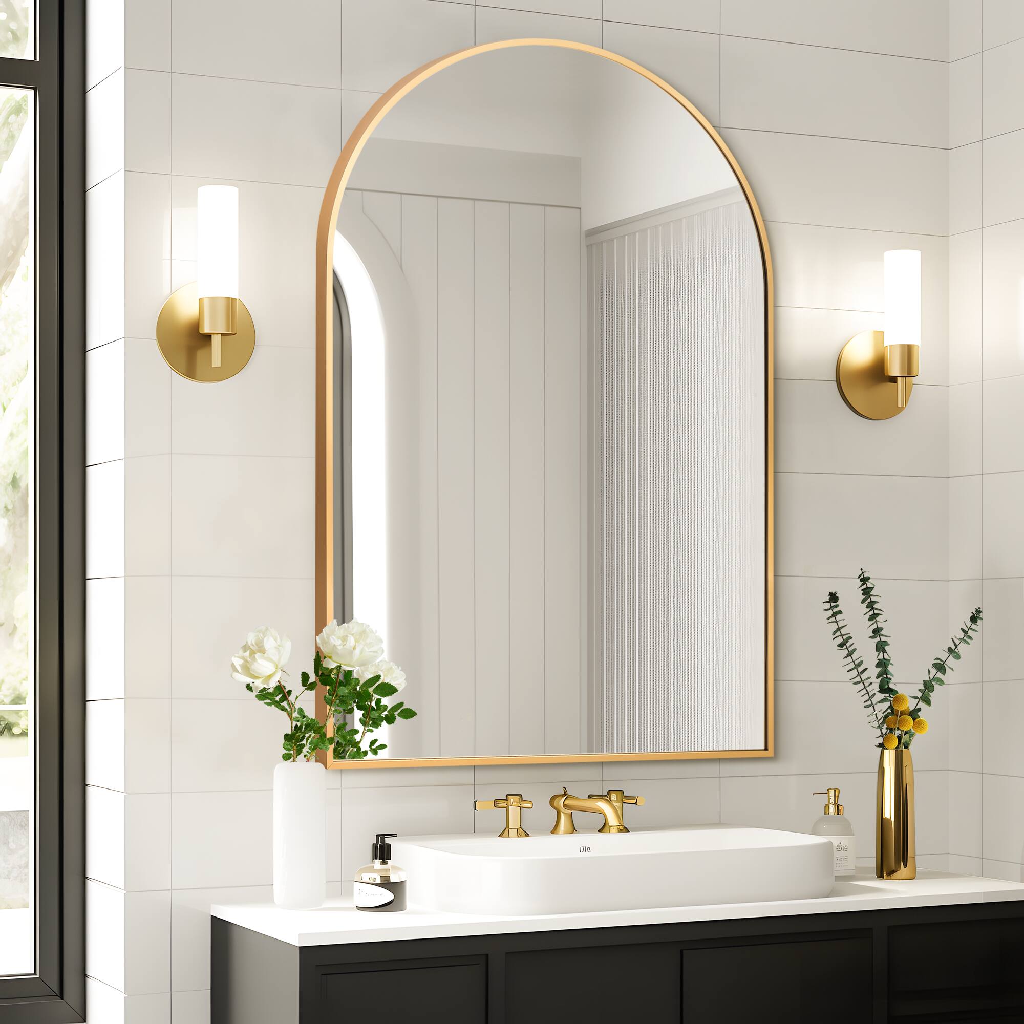 Alt View 2. Lirago - 36" x 24" Arched Hanging Bathroom Mirror with Gold Scratch-Resistant Aluminum Alloy Frame - Gold.