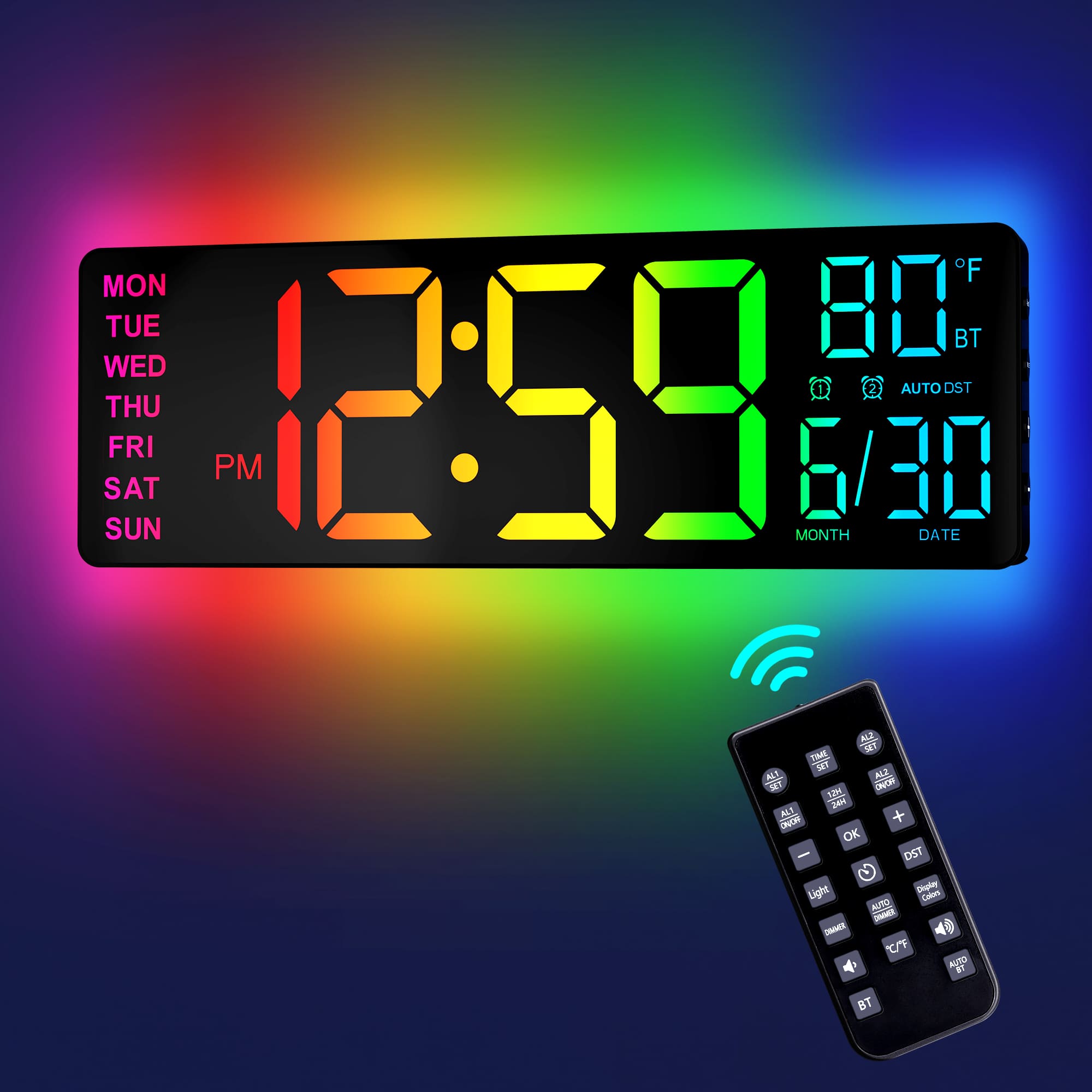 Sure, here is the corrected and grouped text from the image:
---
**Clock Display:**
- **Time:** 12:59 PM
- **Temperature:** 80°F
- **BT** (Bluetooth)
- **Month:** 6
- **Date:** 30
- **Day:** MON TUE WED THU FRI SAT SUN
**Additional Information:**
- **AUTO DST** (Daylight Saving Time)
**Remote Control:**
- **Buttons:**
- AL1
- AL2
- AL3
- AL4
- AL5
- AL6
- AL7
- AL8
- AL9
- AL10
- AL11
- AL12
- AL13
- AL14
- AL15
- AL16
- AL17
- AL18
- AL19
- AL20
- AL21
- AL22
- AL23
- AL24
- AL25
- AL26
- AL27