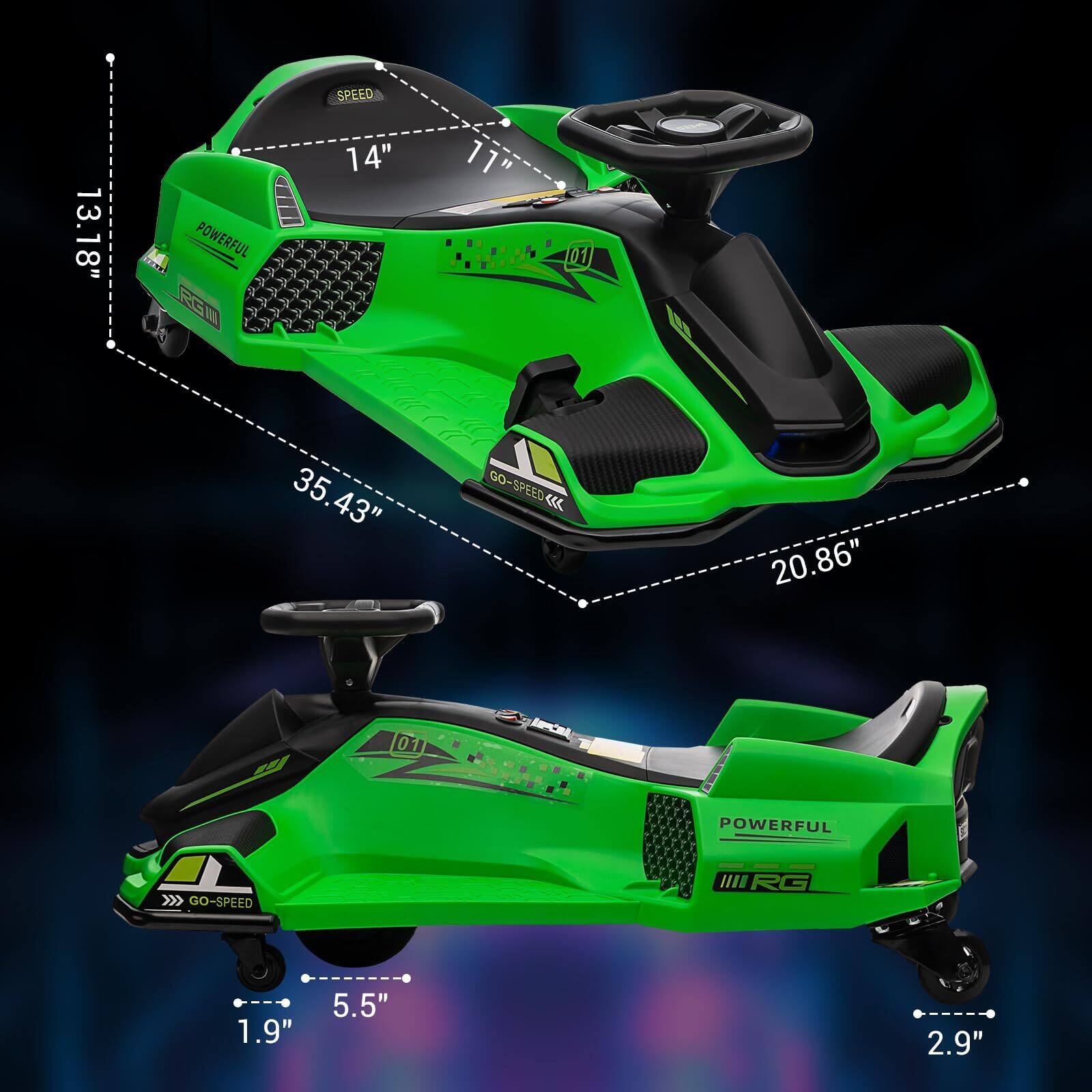 - SPEED: 13.18"
- POWERFUL RE: 14"
- GO-SPEED: 35.43"
- GO-SPEED RG: 20.86"
- 1.9"
- 5.5"
- 2.9"