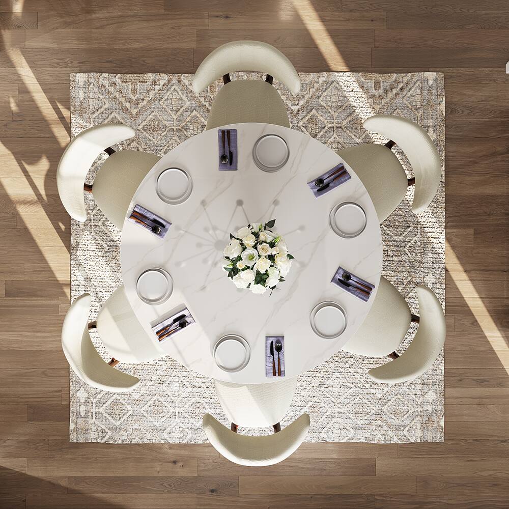 Alt View 4. POVISON - 59" Modern Glossy White Sintered Stone Round Dining Table for 6 with Bronze Steel Base - Glossy White Sintered Stone & Bronze Steel Base.