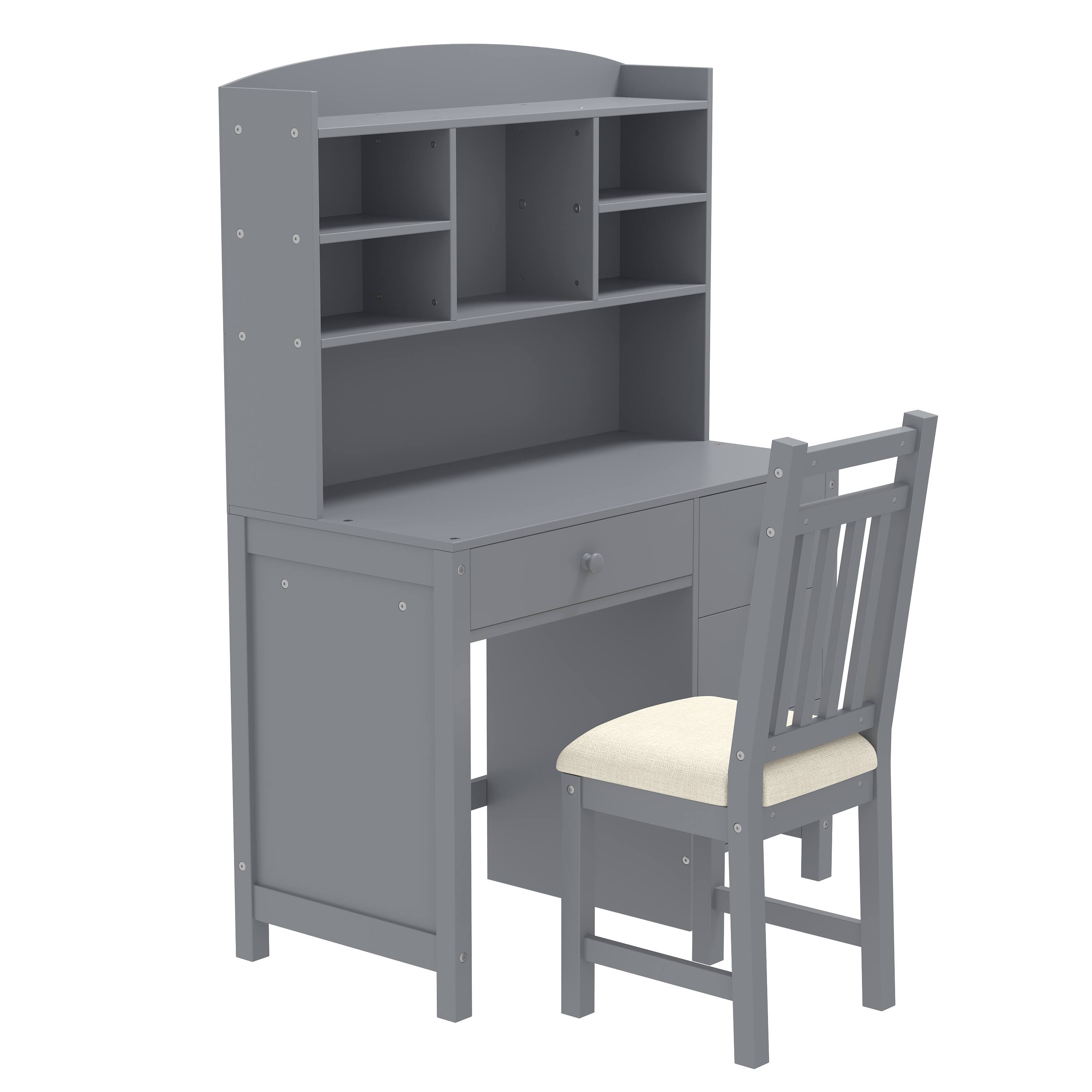 Alt View 8. GOODSILO - 40'' Home Executive Desk & Upholstered Chair Set with Bookshelf, Computer Desk with Drawers & Storage Shelf - Gray.