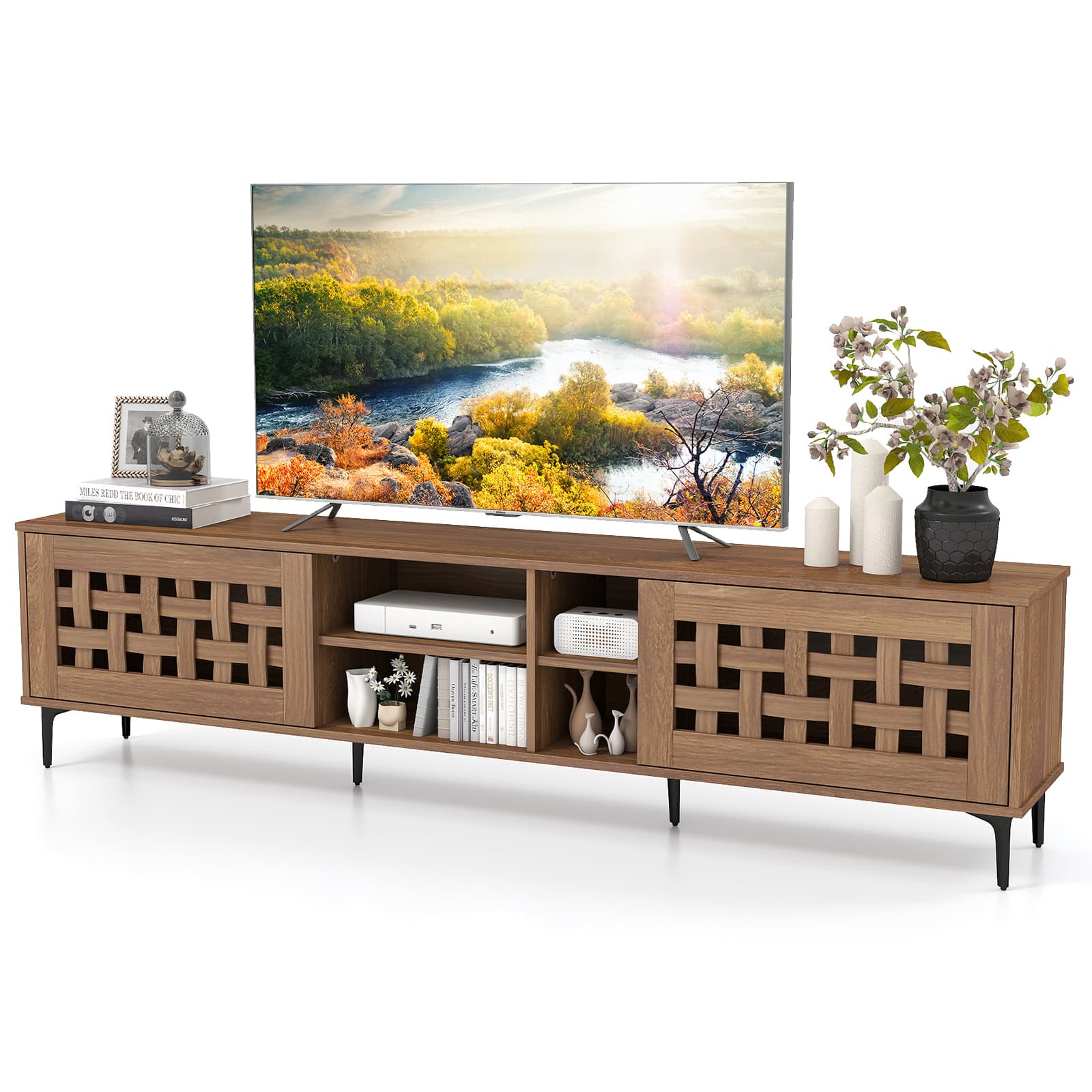 Gymax - TV Stand w/ 2 Doors Storage Cabinets & Open Compartments for TVs up to 80'' - Brown