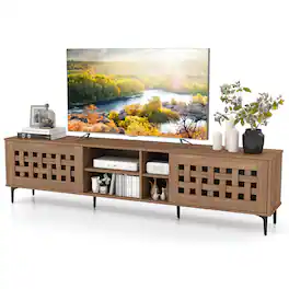 Gymax - TV Stand w/ 2 Doors Storage Cabinets & Open Compartments for TVs up to 80'' - Brown