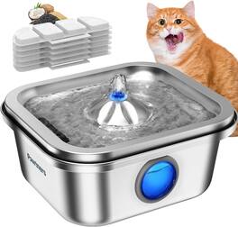 Pawtners - Cat Water Fountain Stainless Steel 4L/135oz with 6 Filters, Quiet Pump, Water Level Window, Easy-Clean Dog Dispenser - Silver
