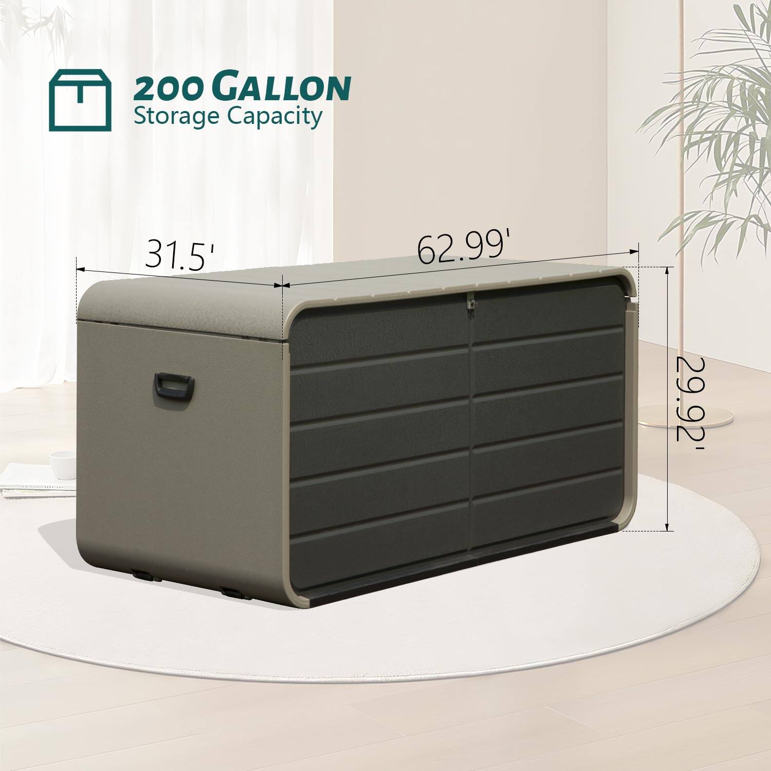 200 GALLON Storage Capacity  
31.5" x 62.99" x 29.92"